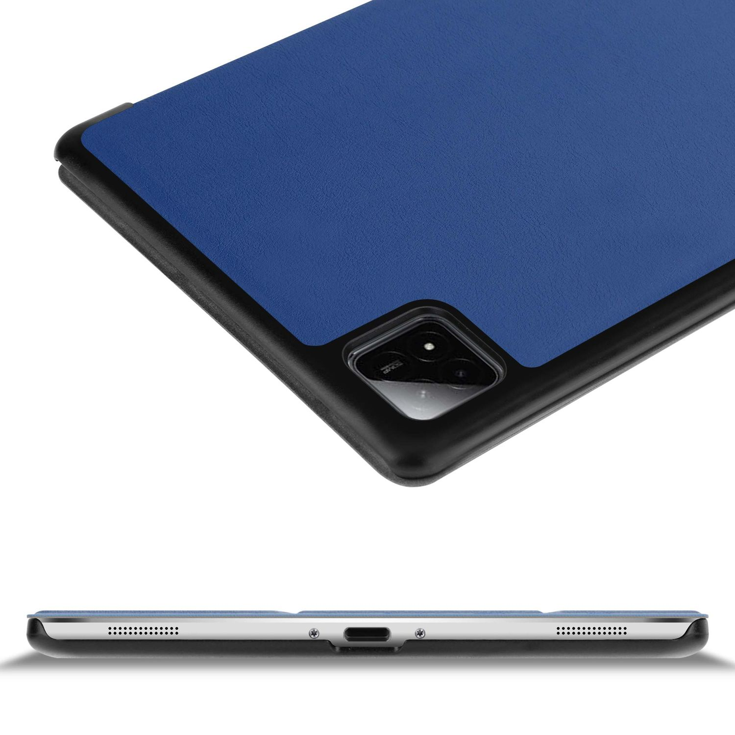 Blaue Tablethülle mit schwarzem Rahmen. Die Kameralinse ist sichtbar. Die Unterseite des Tablets hat Lautsprecherlöcher und einen Ladeanschluss.