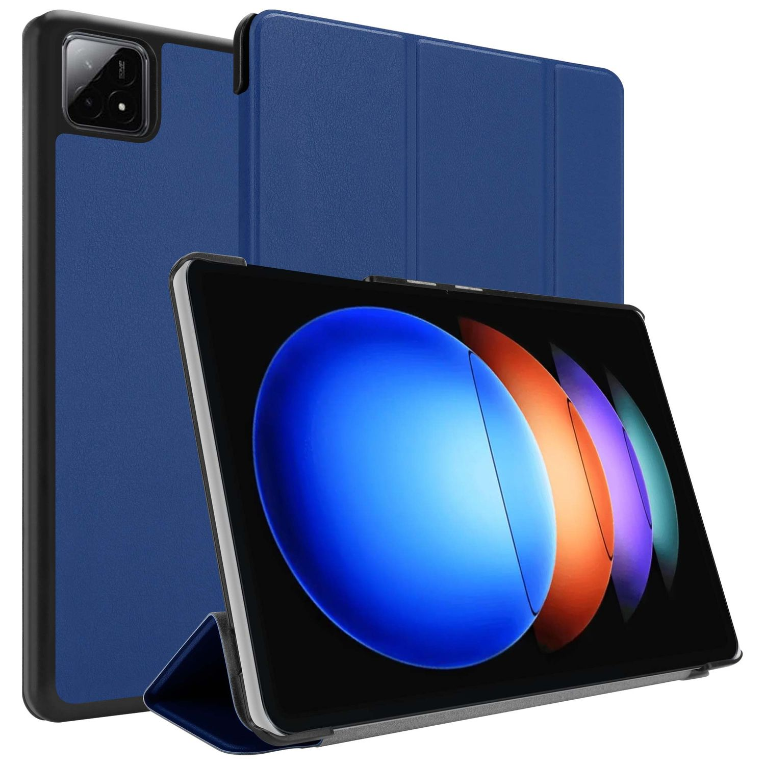 Tablet mit blauer Hülle. Der Bildschirm zeigt blaue, orangefarbene, lila Formen. Die Hülle ist aufgestellt, um das Tablet zu halten.