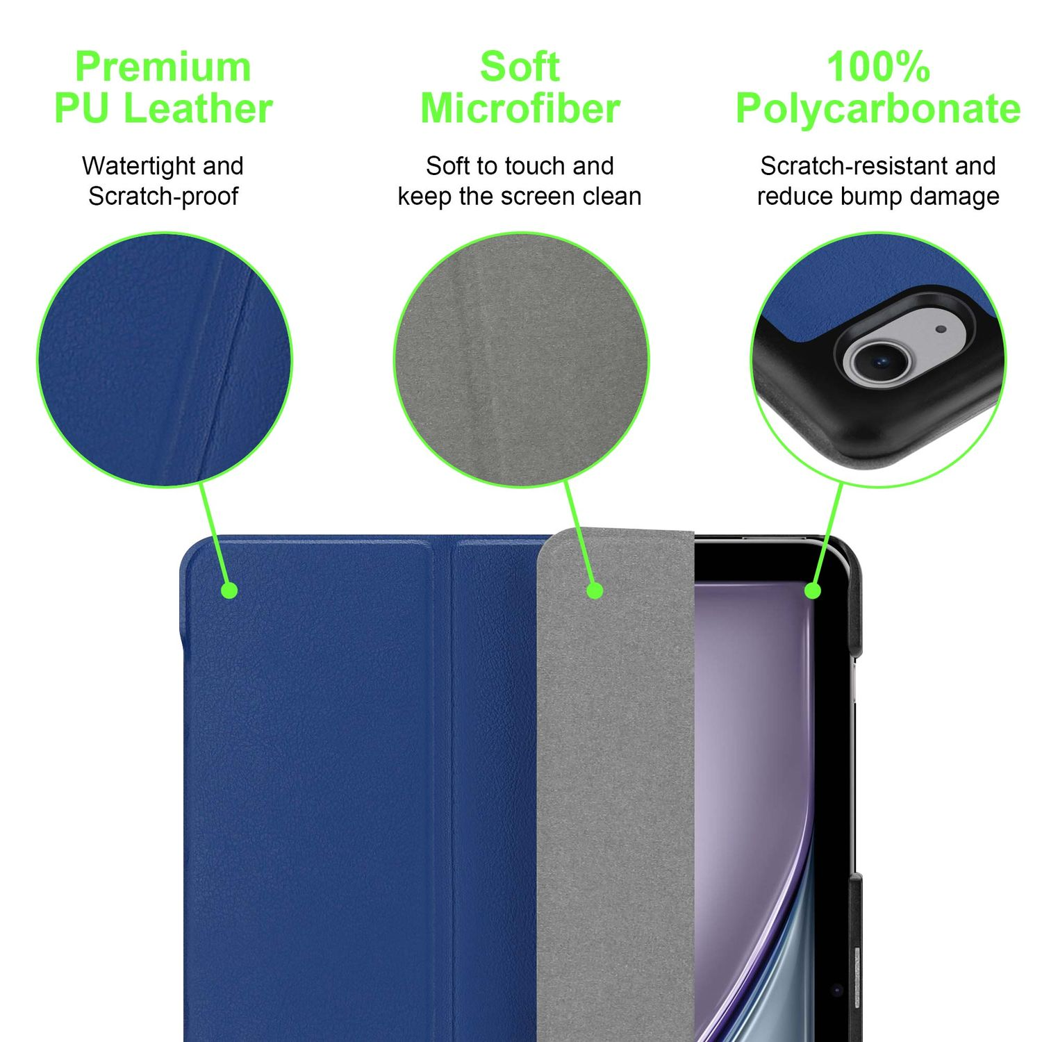Eine Tablet-Hülle mit blauem PU-Leder, grauem Mikrofasergewebe und einem schwarz-blauen Polycarbonat-Rahmen.