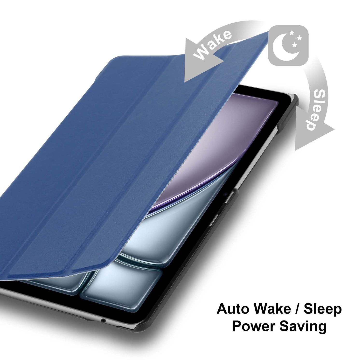 Blaue Tablet-Hülle geöffnet, Bildschirm sichtbar. Pfeile zeigen 'Wake' und 'Sleep'. Text: 'Auto Wake / Sleep Power Saving'.