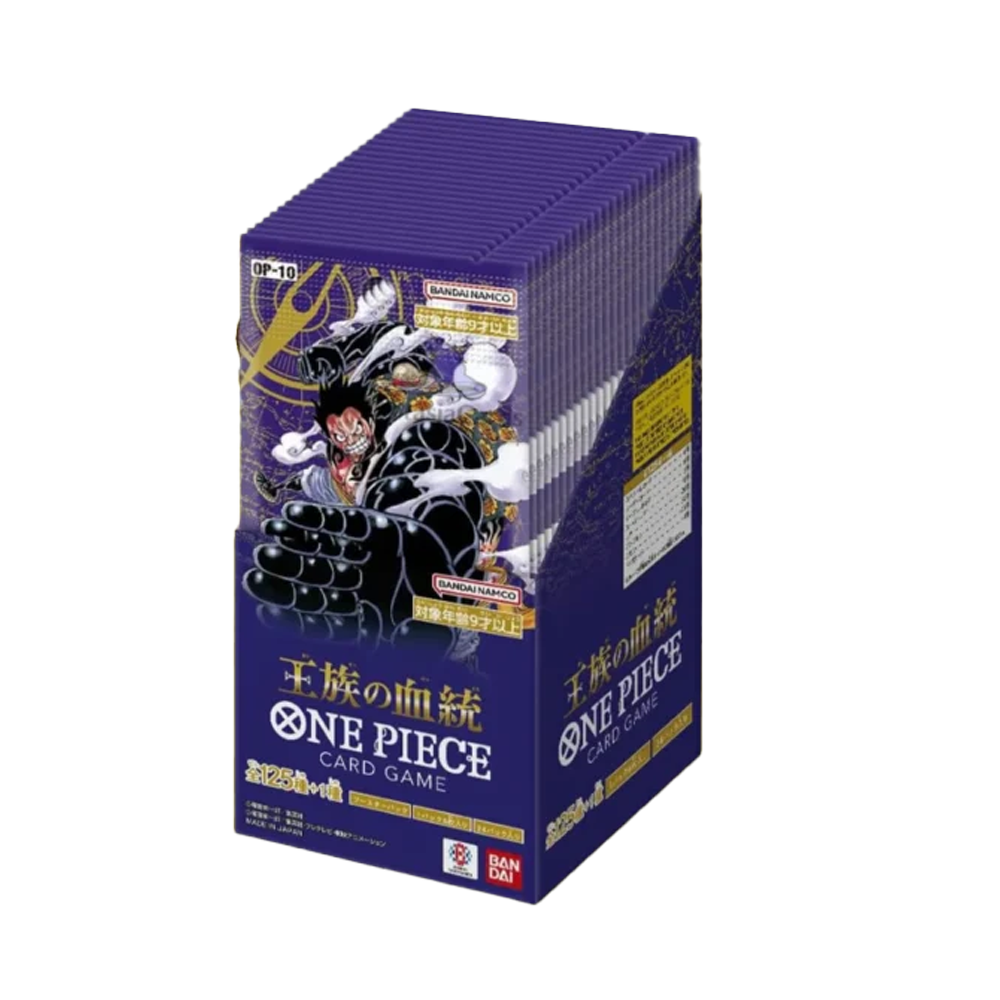 Eine Schachtel mit dem One Piece Kartenspiel. Sie ist lila mit Luffys Illustration. Die Wörter 'ONE PIECE CARD GAME' und japanischer Text sind sichtbar.