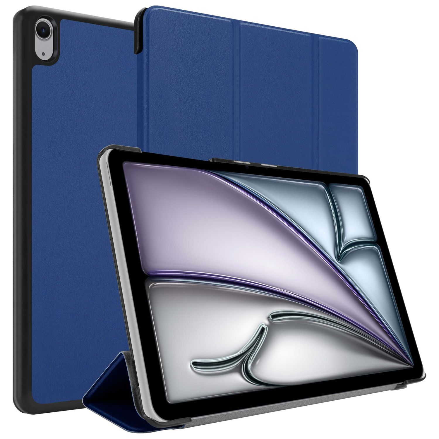 Ein Tablet in einer blauen Hülle, hochgeklappt. Der Bildschirm ist sichtbar, mit einer reflektierenden Oberfläche. Eine zweite Hülle steht im Hintergrund.
