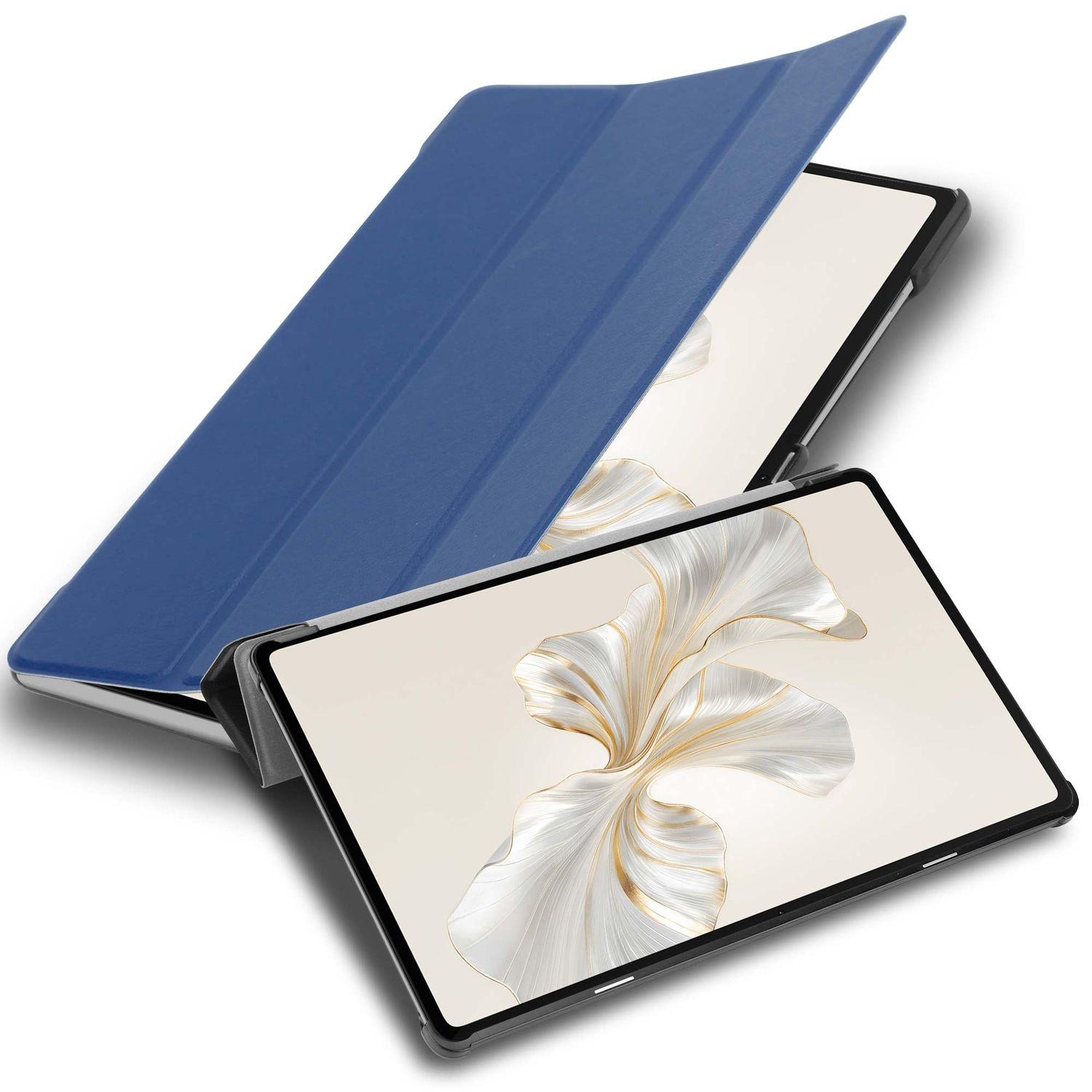 Ein Tablet mit blauem Cover, teilweise geöffnet, zeigt den Bildschirm mit floralem Design auf hellem Hintergrund.