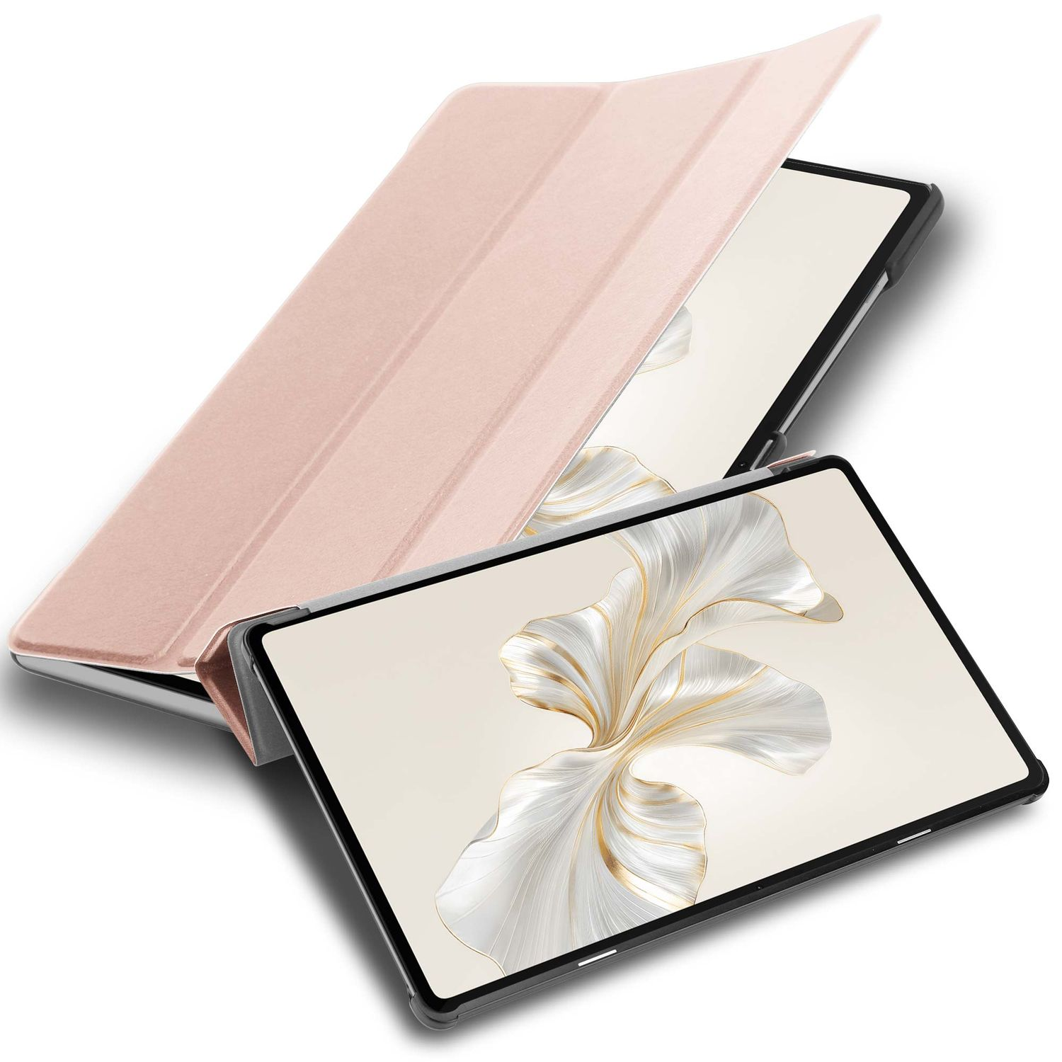 Ein Tablet mit geöffneter rosa Hülle. Der Bildschirm zeigt ein weißes Blumendesign. Die Hülle ist teilweise geöffnet, der Bildschirm sichtbar.
