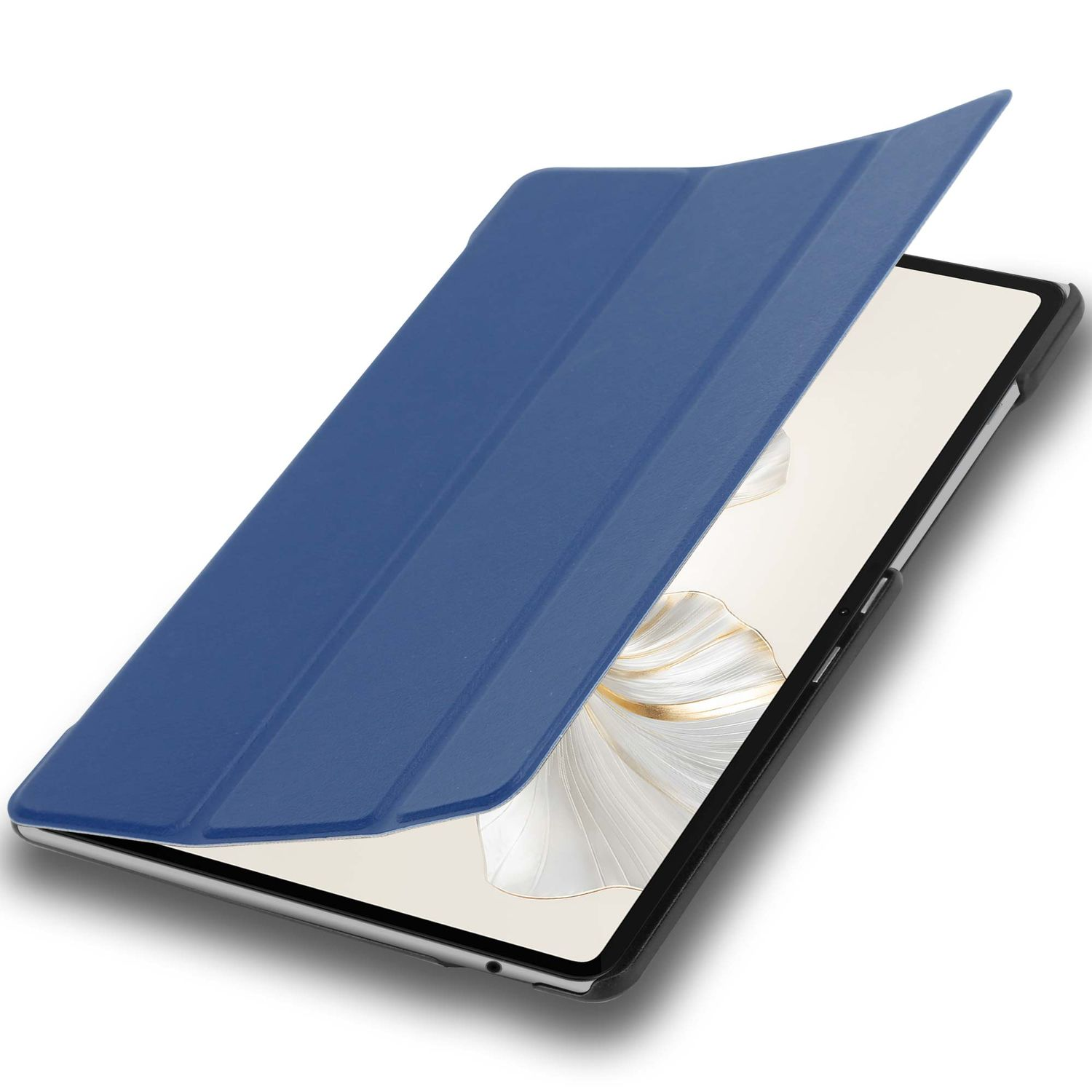 Eine blaue Tablethülle, die sich teilweise über einem Tablet öffnet. Der Bildschirm zeigt ein abstraktes Design auf weißem Hintergrund.