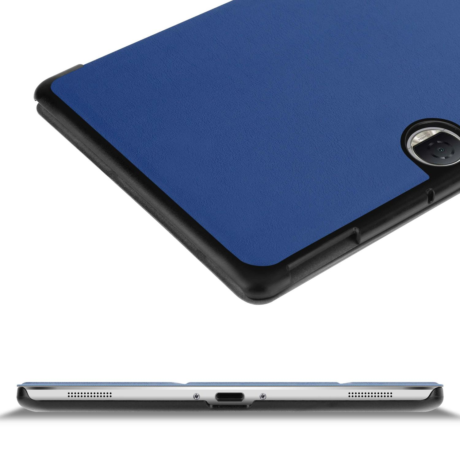 Ein blaues Tablet mit schwarzem Rand wird aus verschiedenen Blickwinkeln gezeigt. Die Unterseite zeigt Lautsprecherlöcher und einen Ladeanschluss.