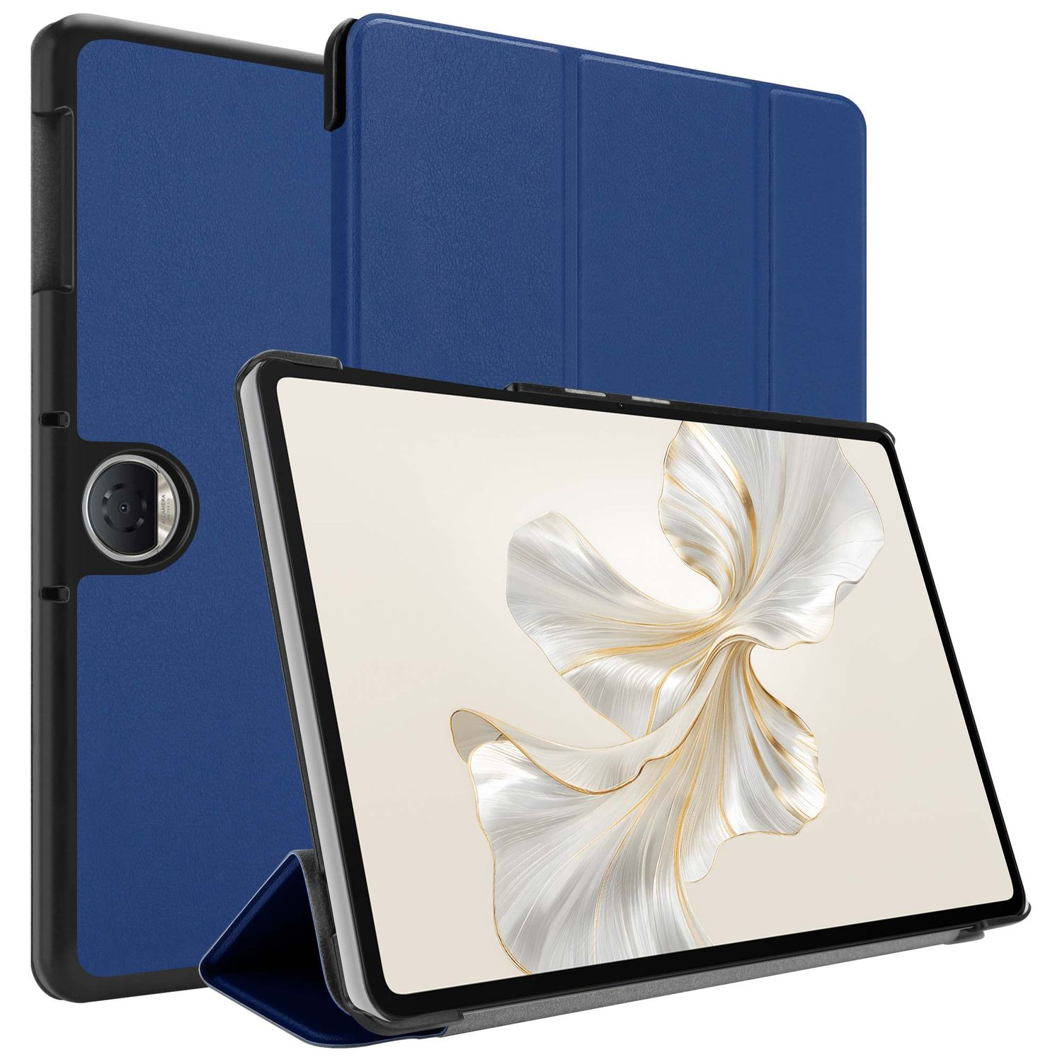 Eine blaue Tablethülle mit einem Tablet darin. Das Tablet zeigt ein abstraktes Blumendesign. Die Hülle ist offen und steht aufrecht.