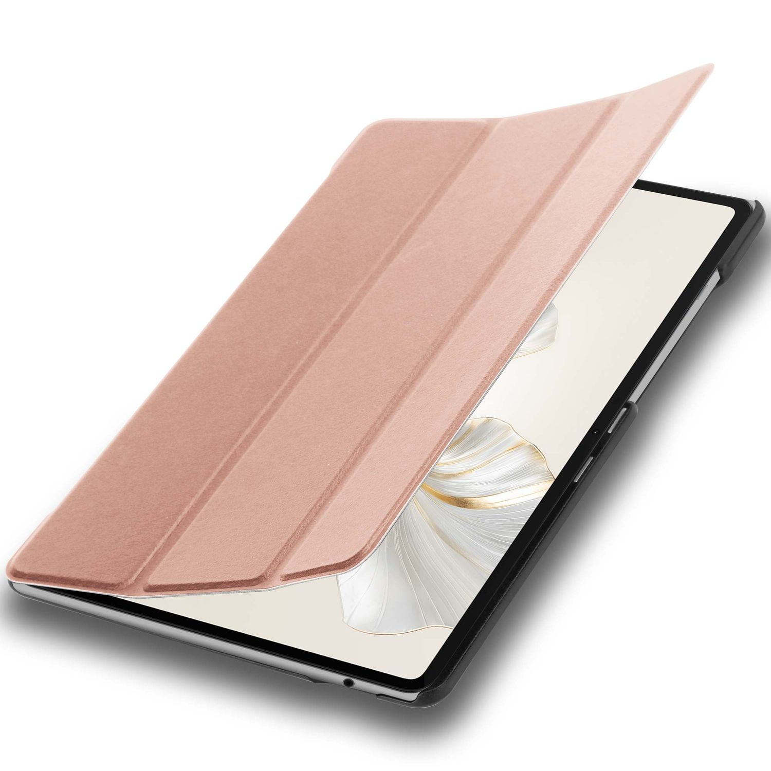 Eine roségoldene Tablethülle mit teilweise geöffnetem Deckel, der den Bildschirm freigibt. Das Tablet befindet sich auf weißem Hintergrund.