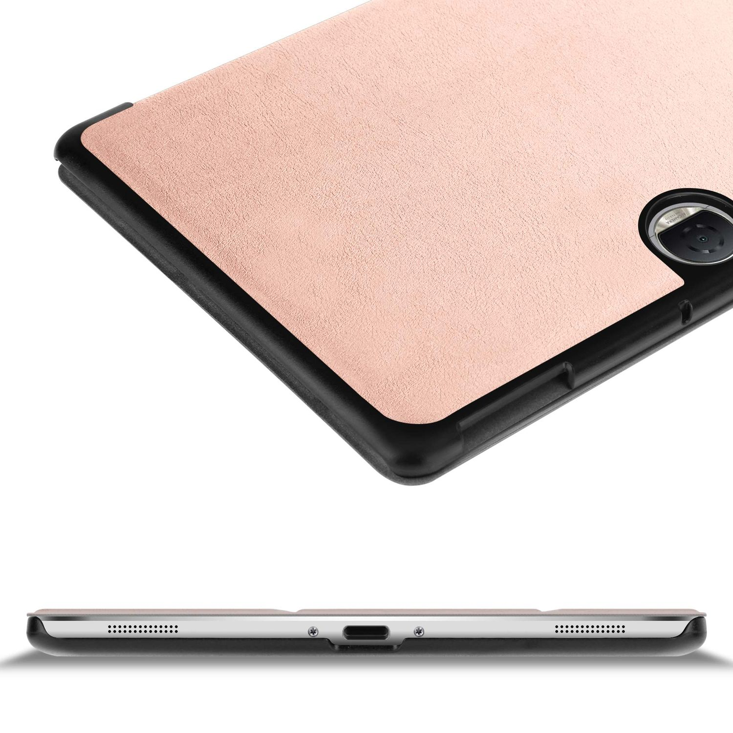 Eine Tablet-Hülle, hellrosa mit schwarzem Rahmen, wird aus einem Winkel betrachtet. Die Unteransicht zeigt Lautsprecherlöcher und einen Ladeanschluss.