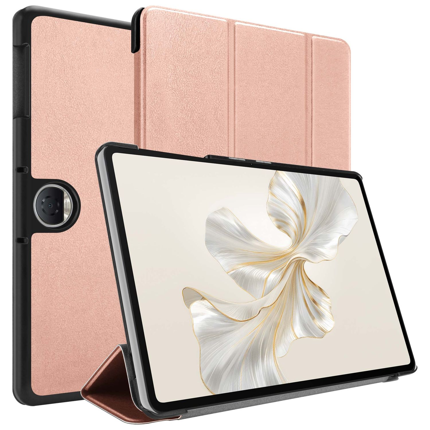 Ein Tablet in einer roségoldenen Hülle mit einem Bildschirm, der ein weißes und goldenes Blumendesign zeigt. Eine weitere Hülle und die Rückseite des Tablets sind sichtbar.