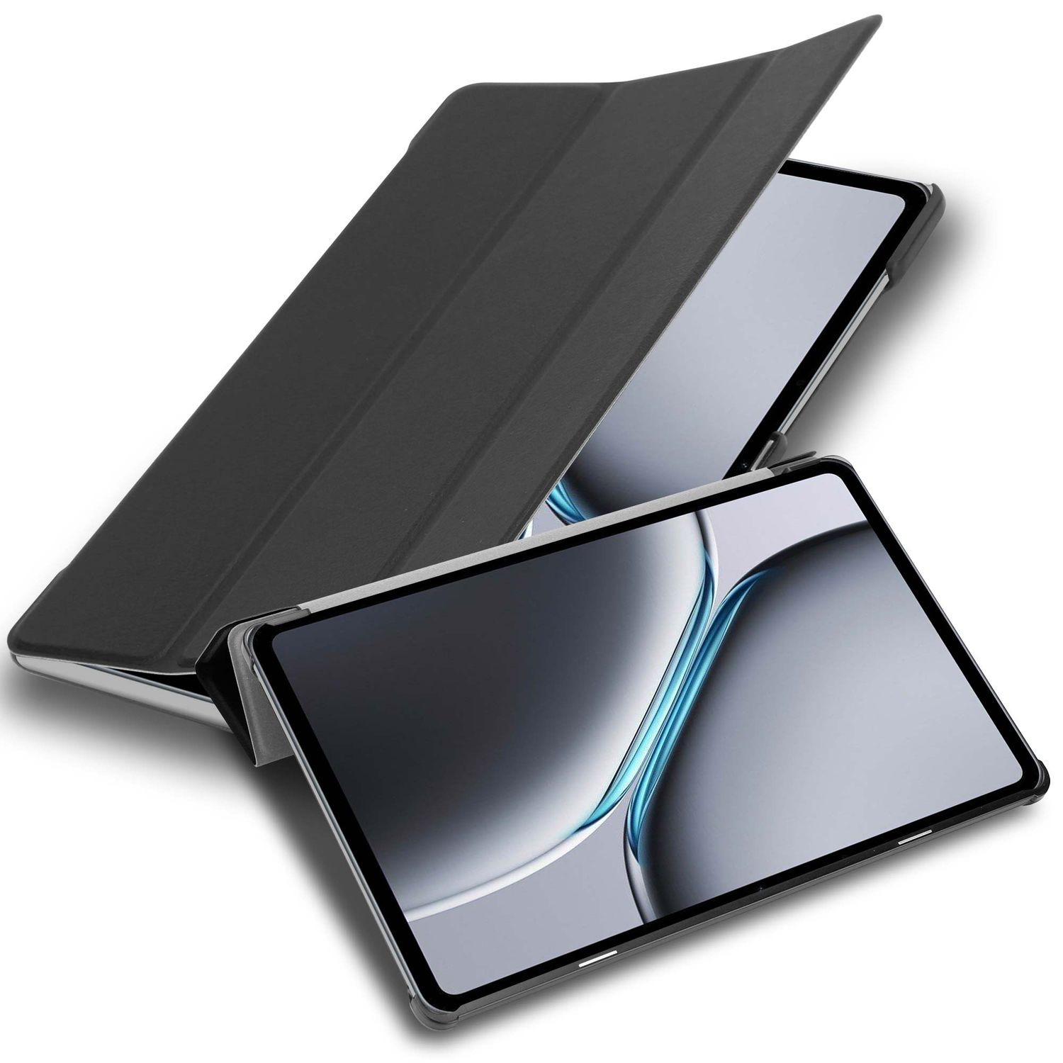 Ein Tablet mit schwarzer Hülle ist teilweise geöffnet. Der Bildschirm zeigt ein verschwommenes blaues und graues Muster, der Hintergrund ist weiß.