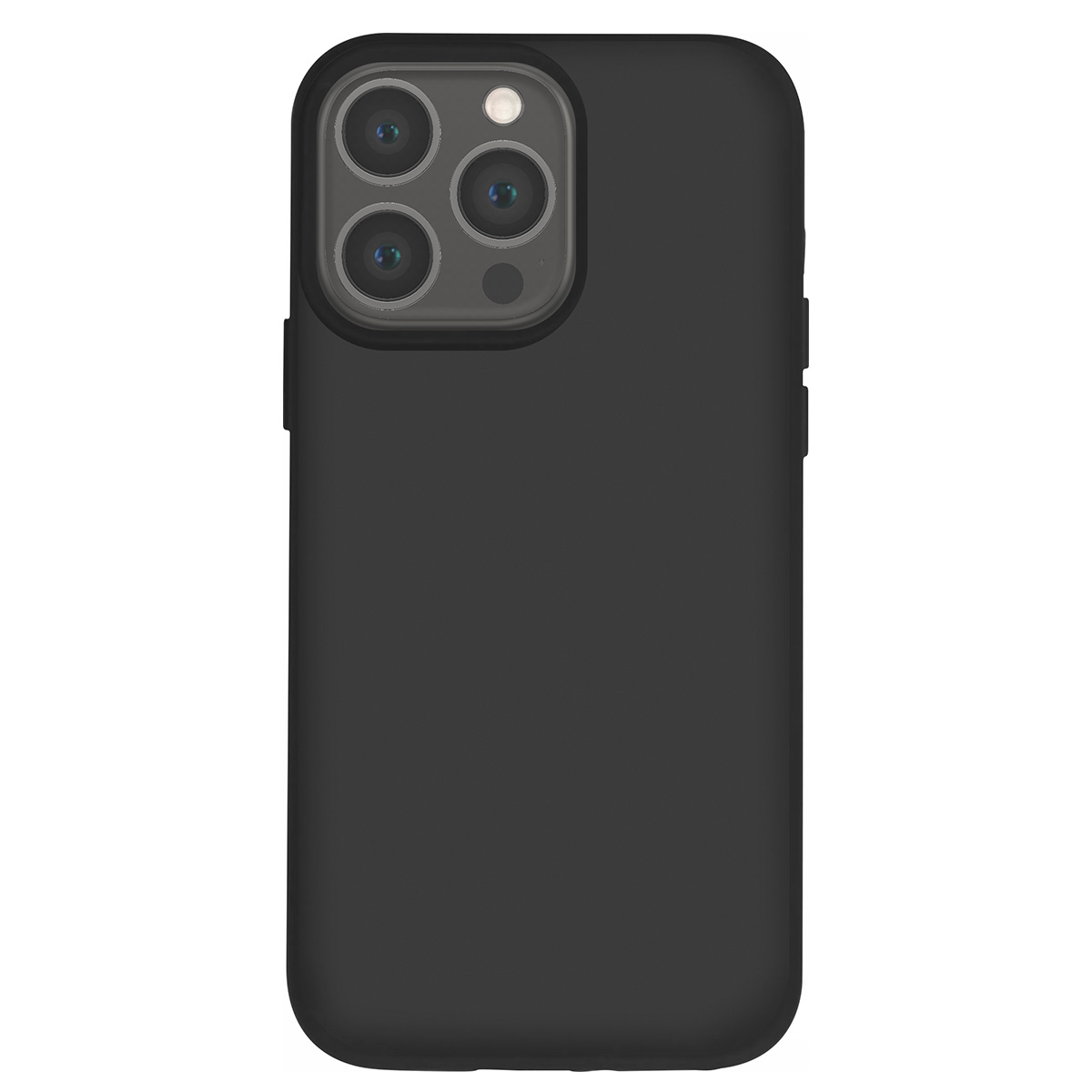 Una custodia per telefono nera con ritagli per la fotocamera. La custodia è rettangolare con angoli arrotondati. Lo sfondo è bianco.
