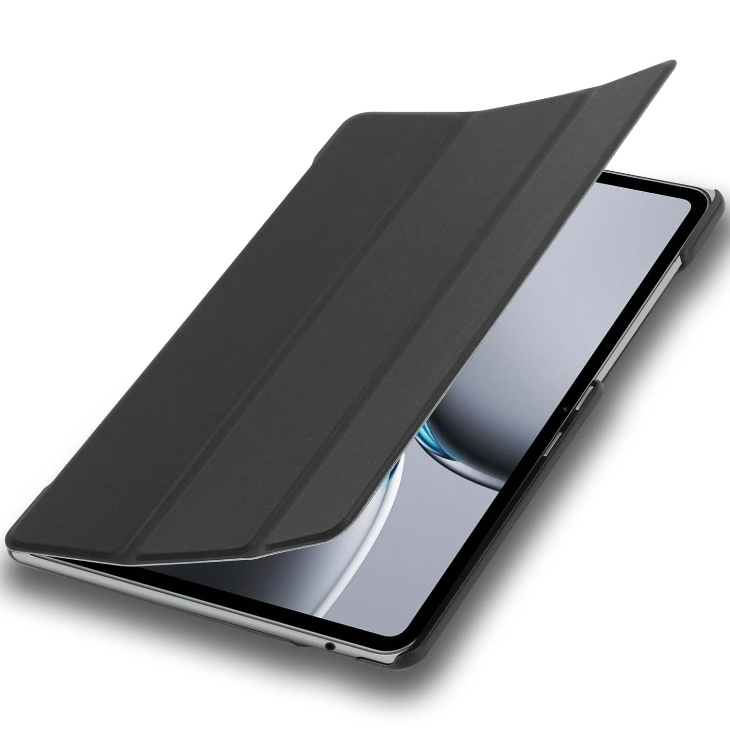 Ein schwarzes Tablet mit teilweise geöffneter Hülle. Der Bildschirm ist sichtbar und reflektiert Licht. Der Hintergrund ist weiß.