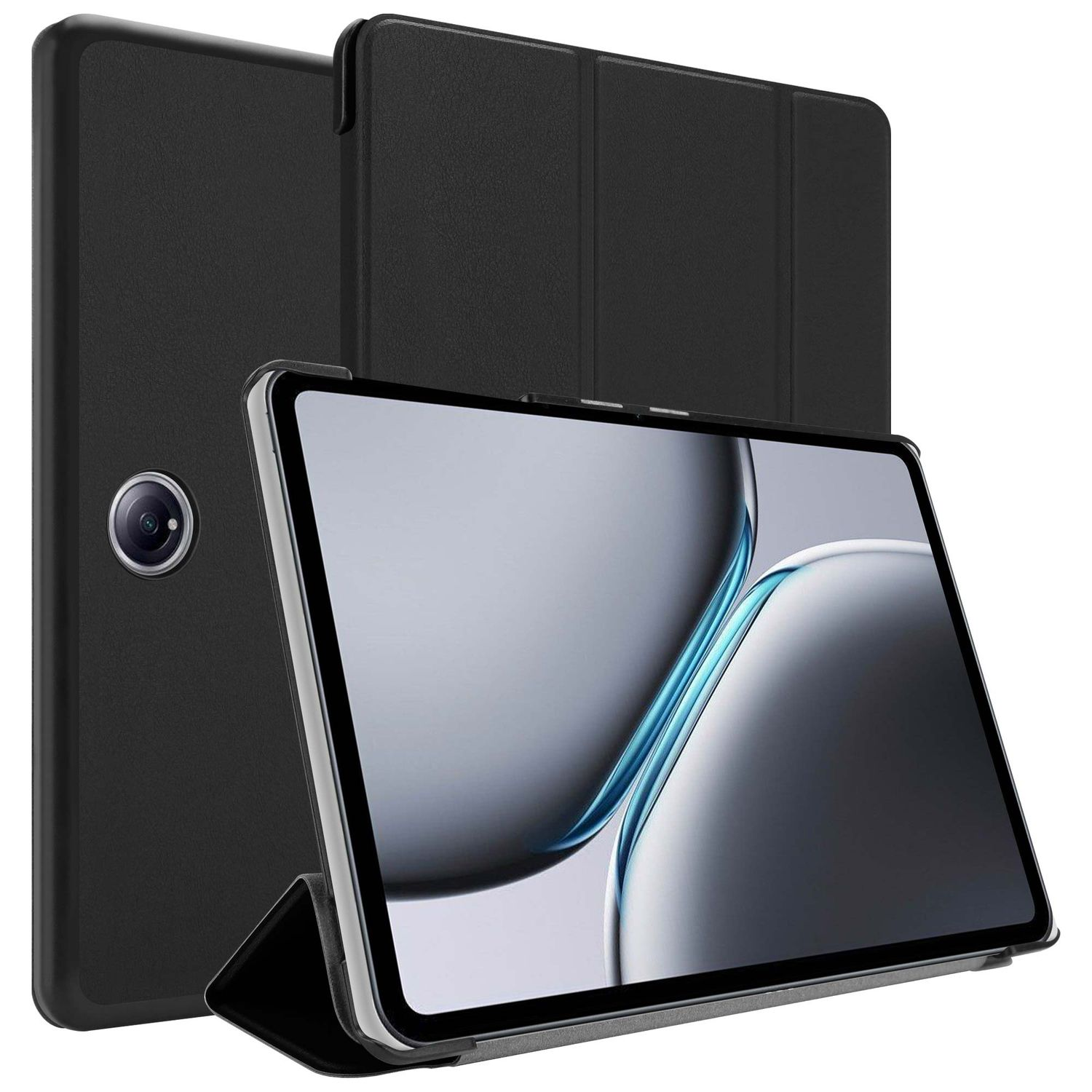 Ein schwarzes Tablet mit Schutzhülle wird gezeigt. Der Bildschirm zeigt einen Grau-Blau-Verlauf. Die Hülle ist geöffnet.