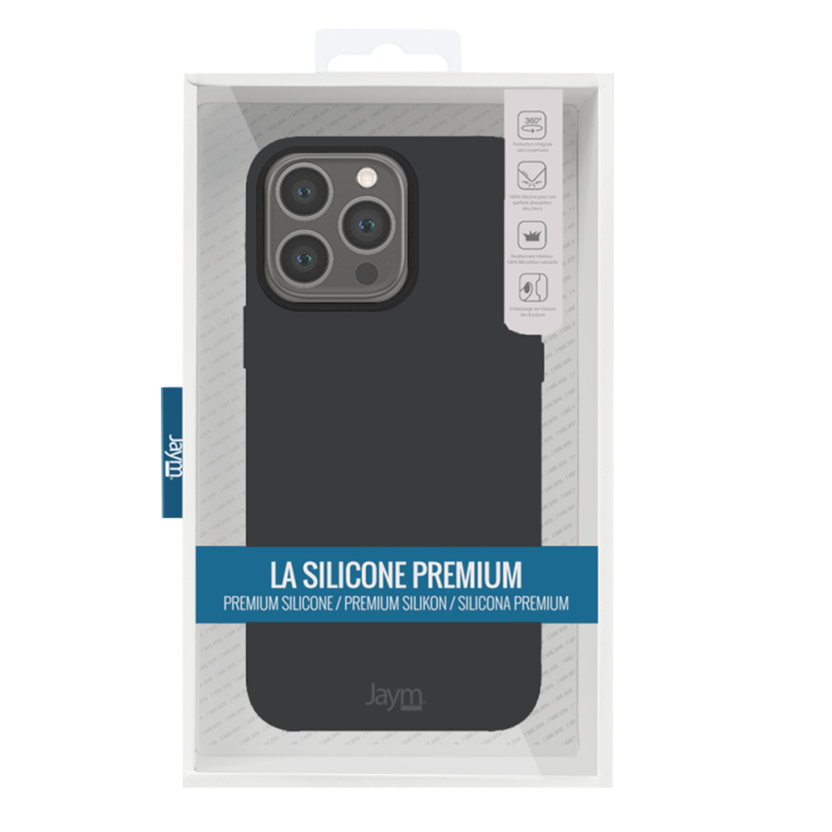Custodia nera per telefono in una scatola bianca. Testo: 'LA SILICONE PREMIUM'. Il marchio 'Jaym' è sulla custodia e sulla scatola.