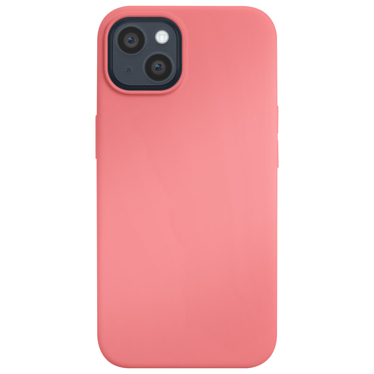 Una custodia per telefono color corallo con un'area per la fotocamera con due obiettivi e un flash. La custodia è liscia e arrotondata.