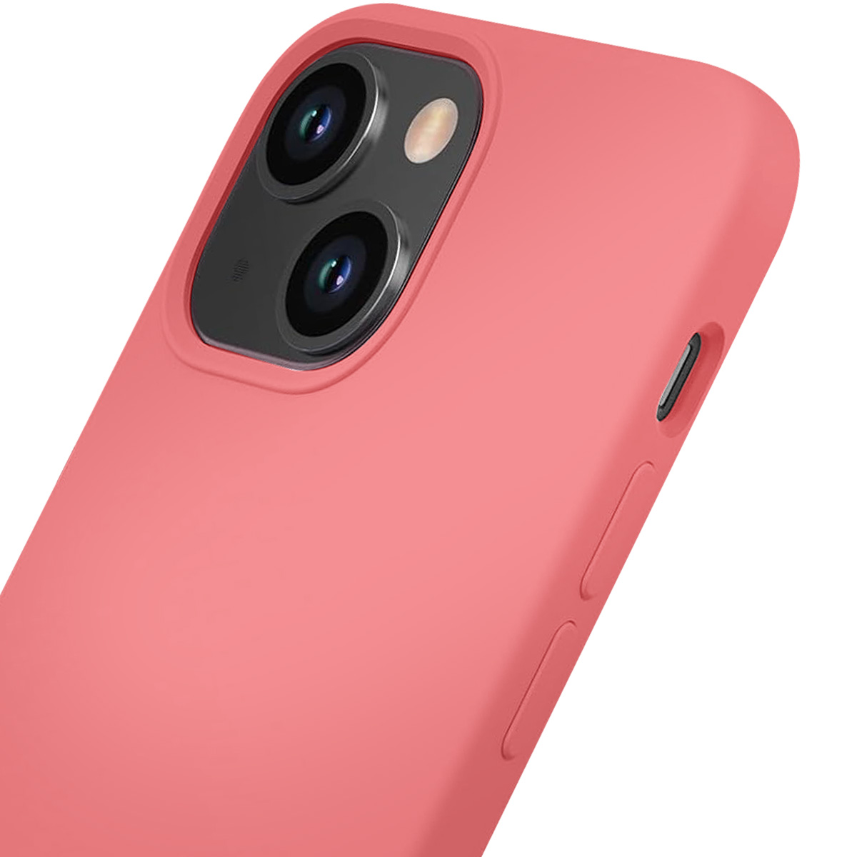 È mostrata una custodia per telefono color corallo con doppie lenti della fotocamera. La custodia ha pulsanti del volume e un pulsante di accensione laterale.