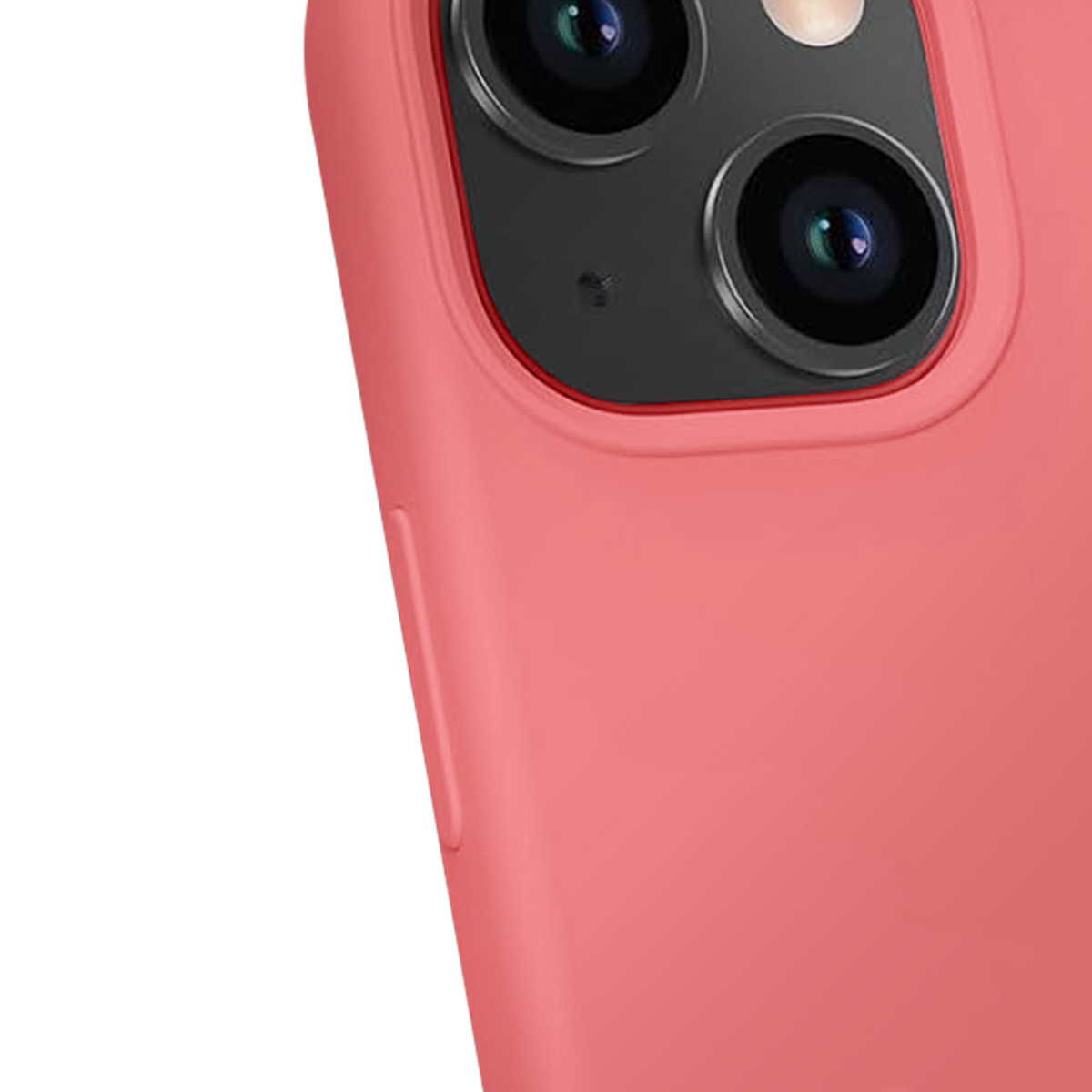 Primo piano di una custodia per telefono color corallo con due obiettivi. Lo sfondo è bianco. È visibile un pulsante del volume.