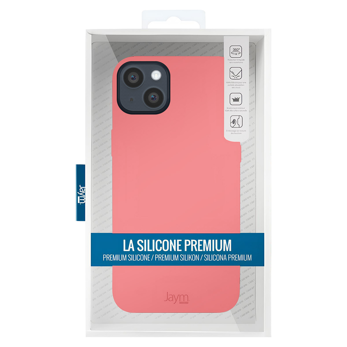 Una custodia per telefono in silicone rosa nella confezione. La custodia ha un ritaglio per la fotocamera ed è etichettata 'LA SILICONE PREMIUM'.
