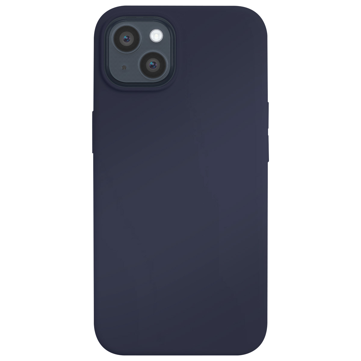Una custodia per iPhone blu scuro. Ha un rigonfiamento della fotocamera con tre lenti. Lo sfondo è bianco.
