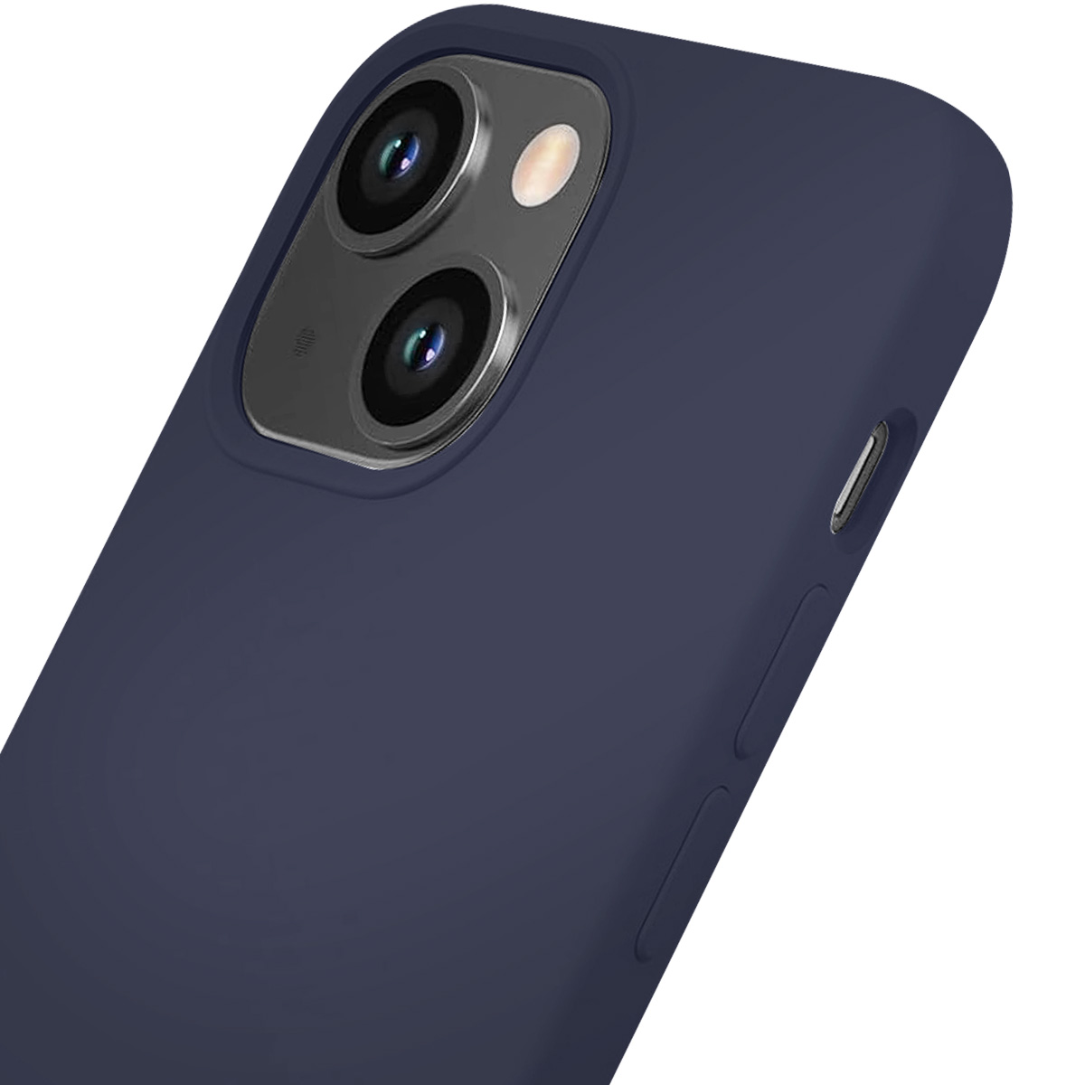 Una custodia blu navy con due obiettivi e un flash. La custodia ha pulsanti e una porta laterale.