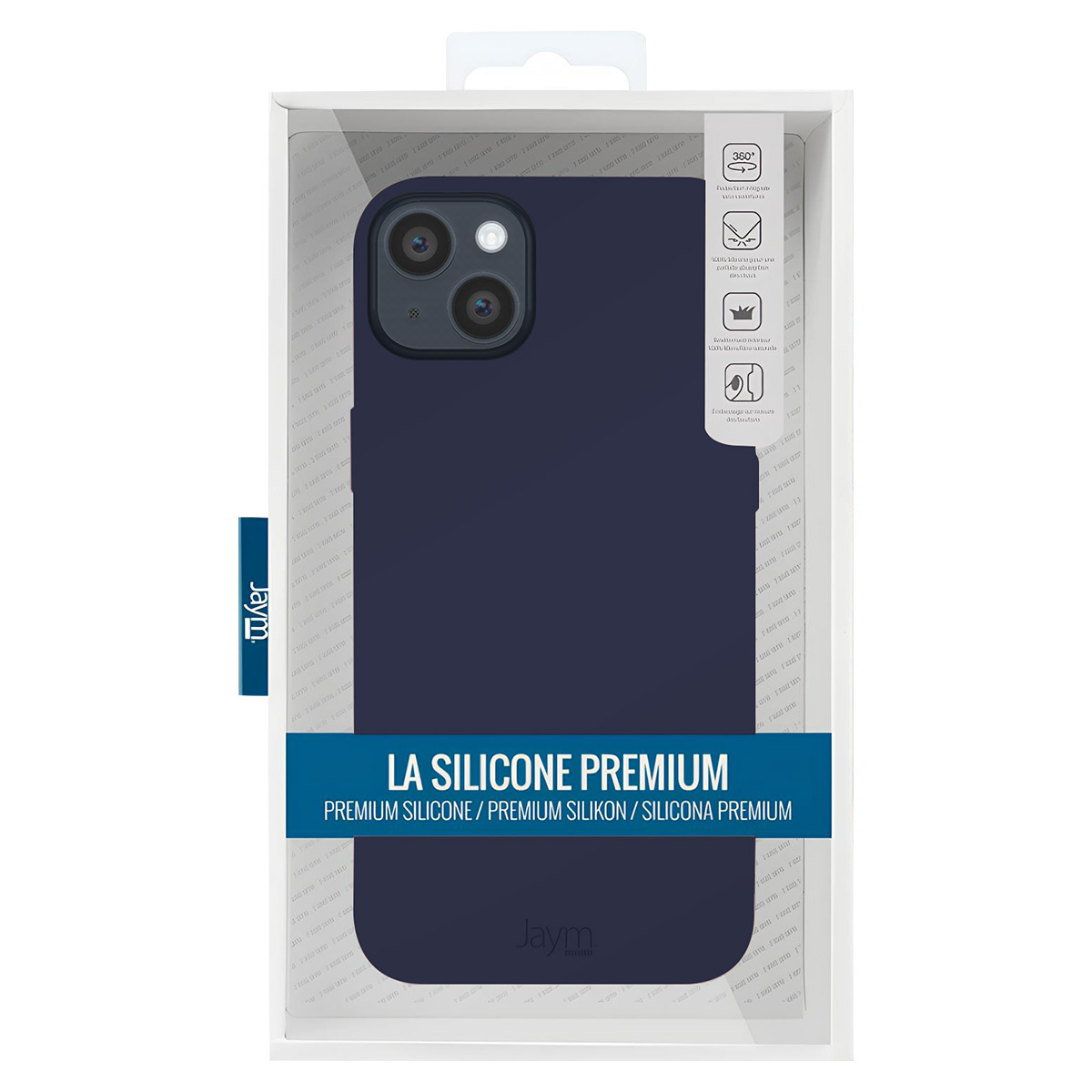 Una custodia per telefono blu navy viene mostrata nella sua confezione. Il testo sulla confezione include "LA SILICONE PREMIUM" e il marchio "Jaym".