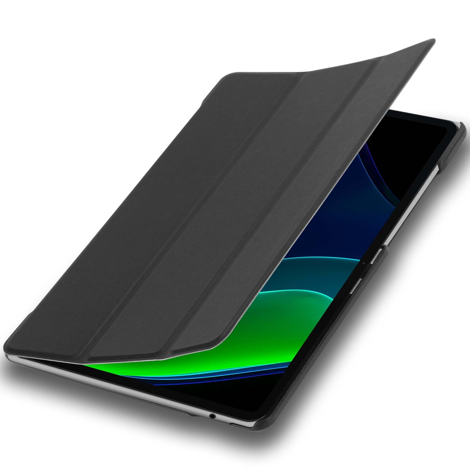 Ein schwarzes Tablet in einer Hülle, teilweise geöffnet. Der Bildschirm zeigt grüne und blaue Farben.