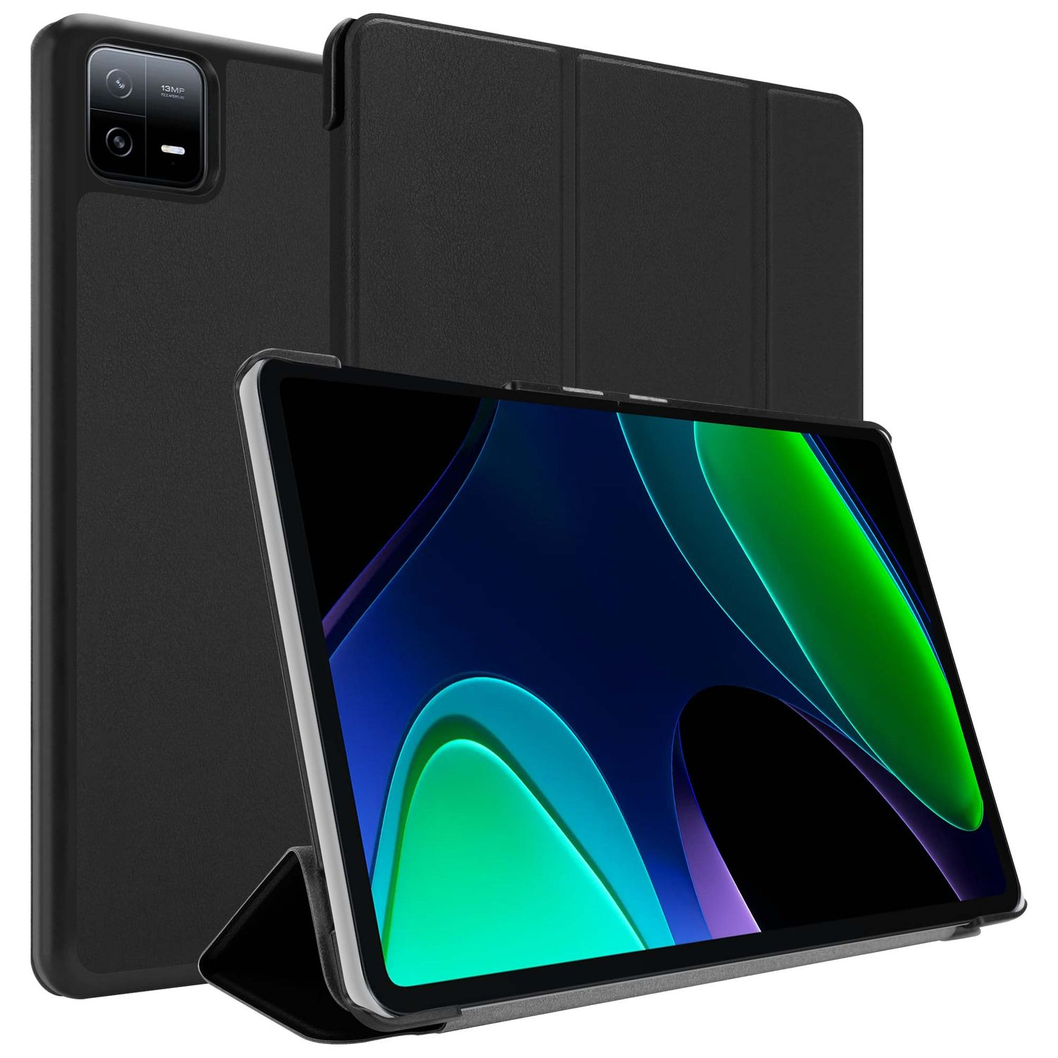Ein schwarzes Tablet mit Hülle. Der Bildschirm zeigt ein buntes abstraktes Design. Ein weiteres Tablet und eine Hülle befinden sich im Hintergrund.