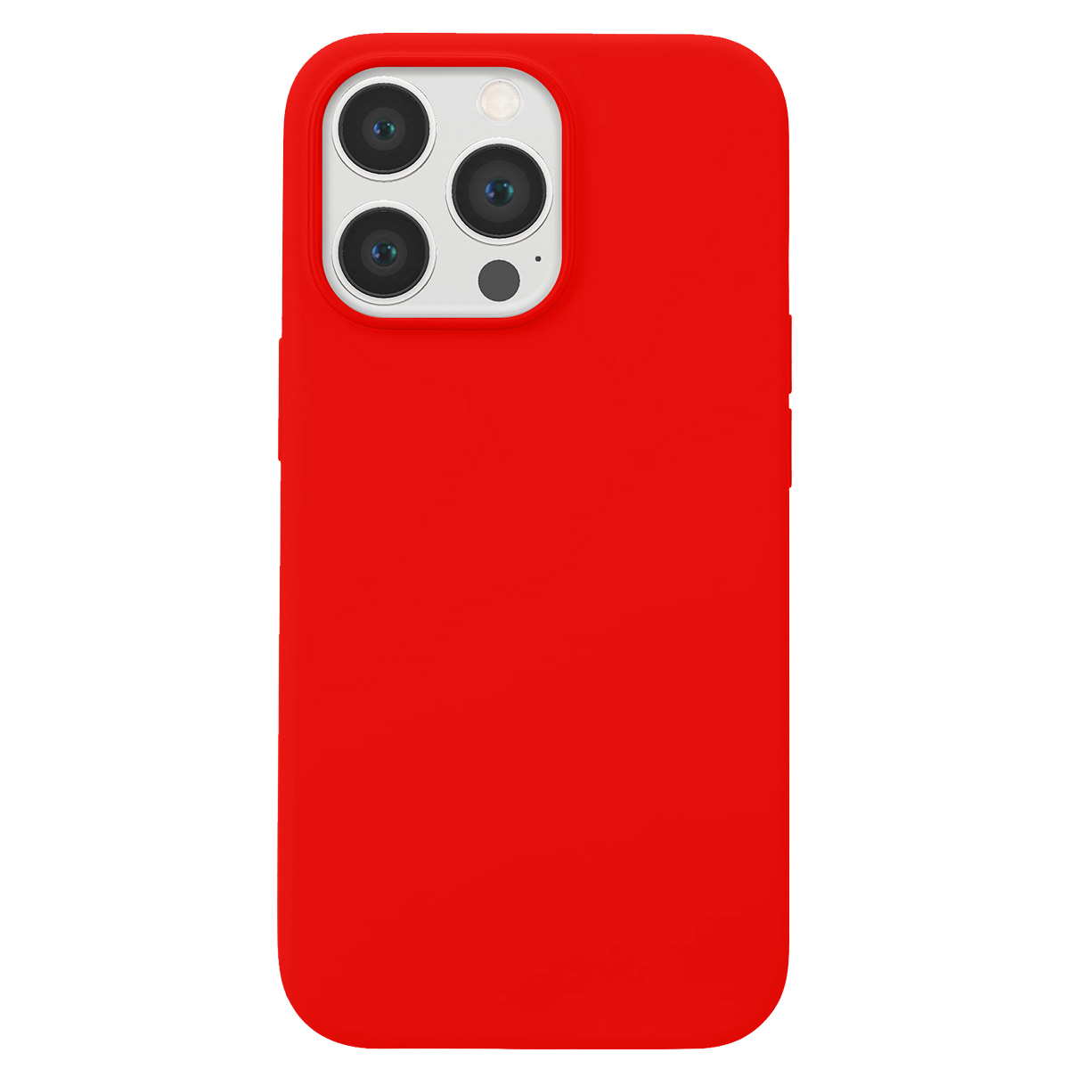 Una custodia rossa per iPhone con un modulo fotocamera in alto a sinistra. La custodia è liscia e solida.