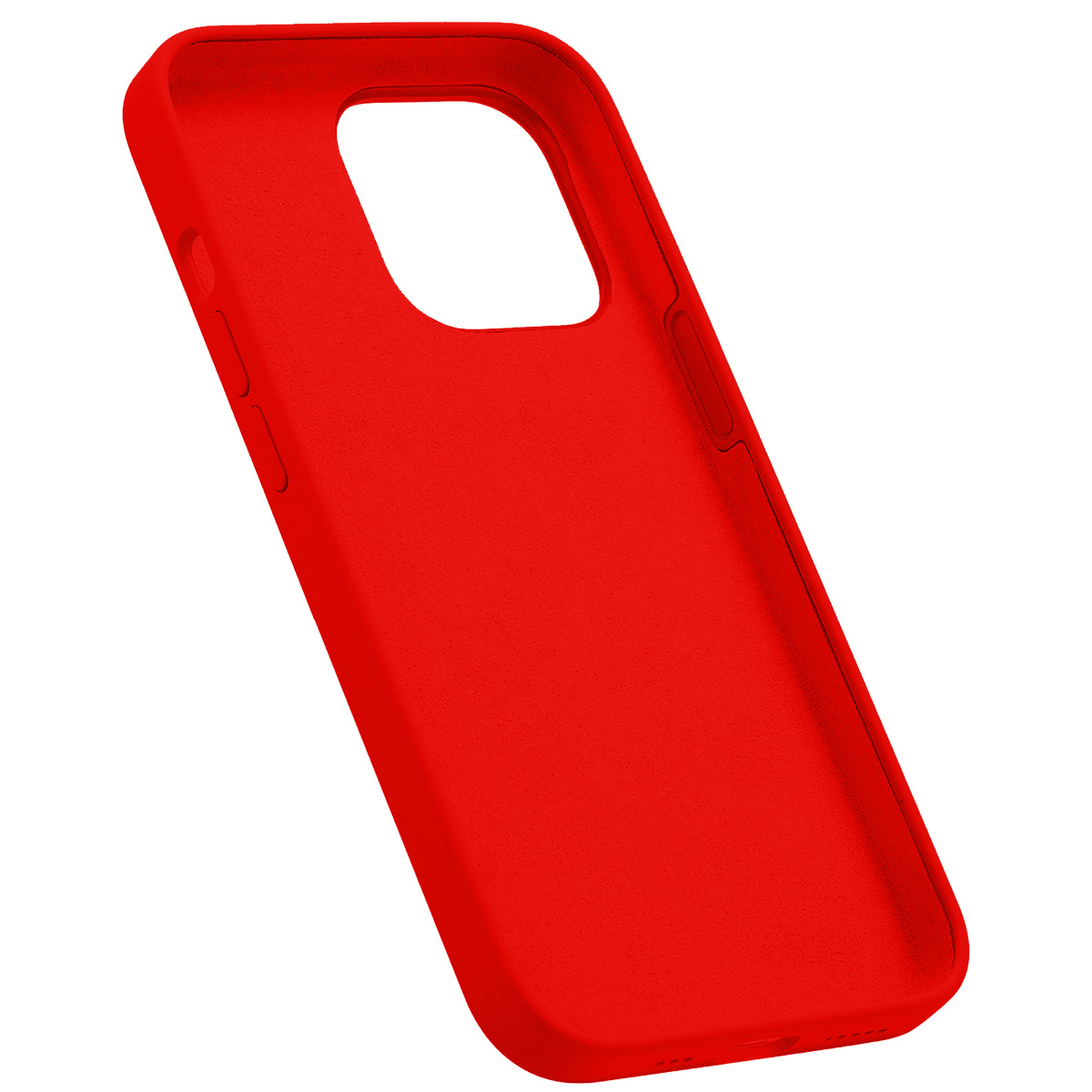 Una custodia rossa per telefono, angolata a sinistra. Ha un'apertura per la fotocamera e rientranze per i pulsanti. Lo sfondo è bianco.