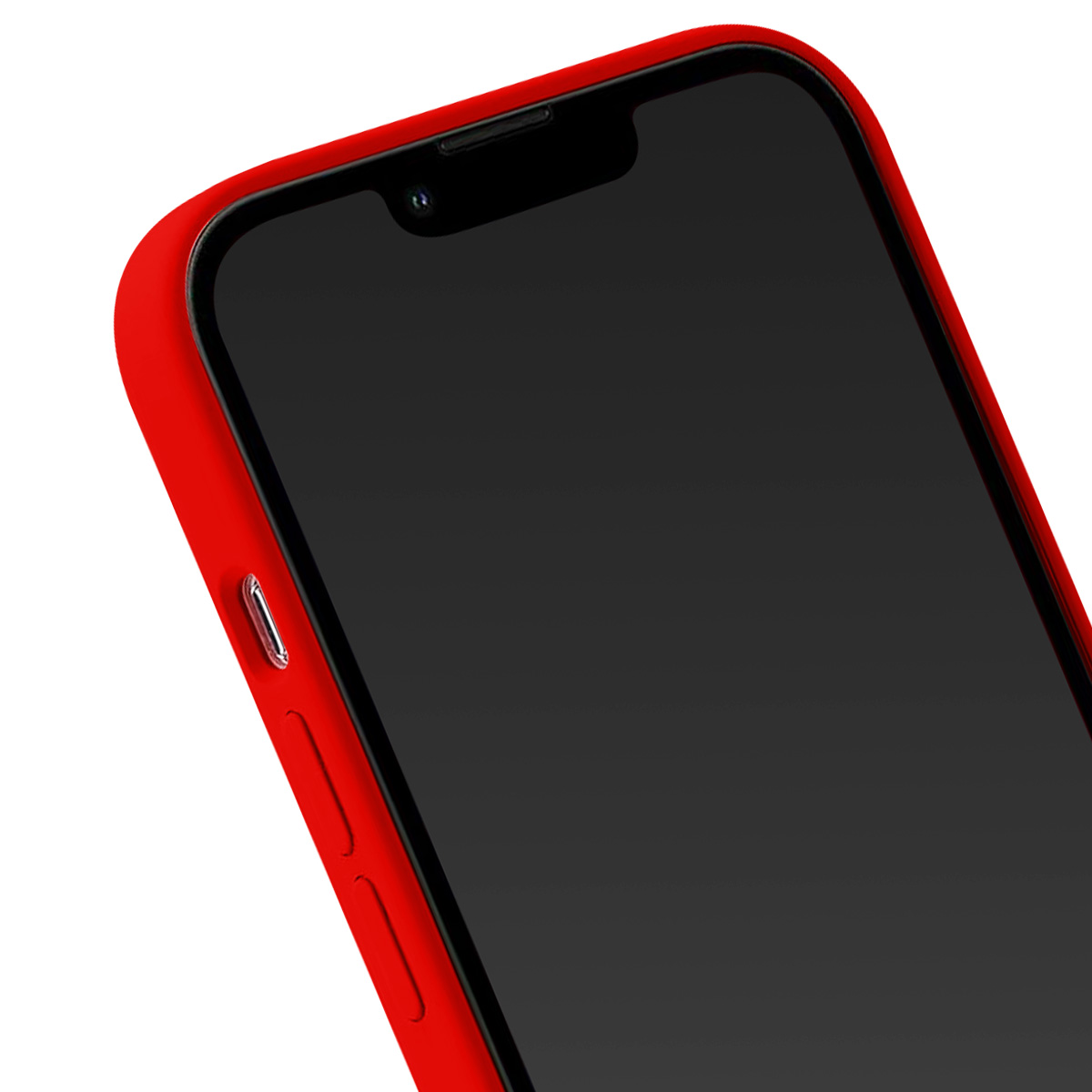 Primo piano di uno smartphone in una custodia rossa. Lo schermo è nero. È visibile un pulsante argentato.