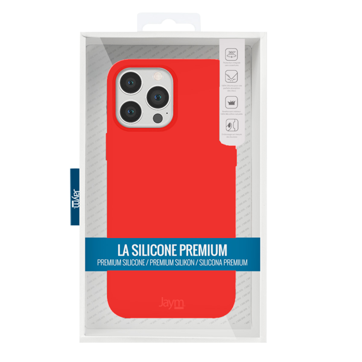 Una custodia rossa per telefono in una confezione trasparente. La custodia è etichettata 'LA SILICONE PREMIUM'. Il marchio 'Jaym' è visibile.