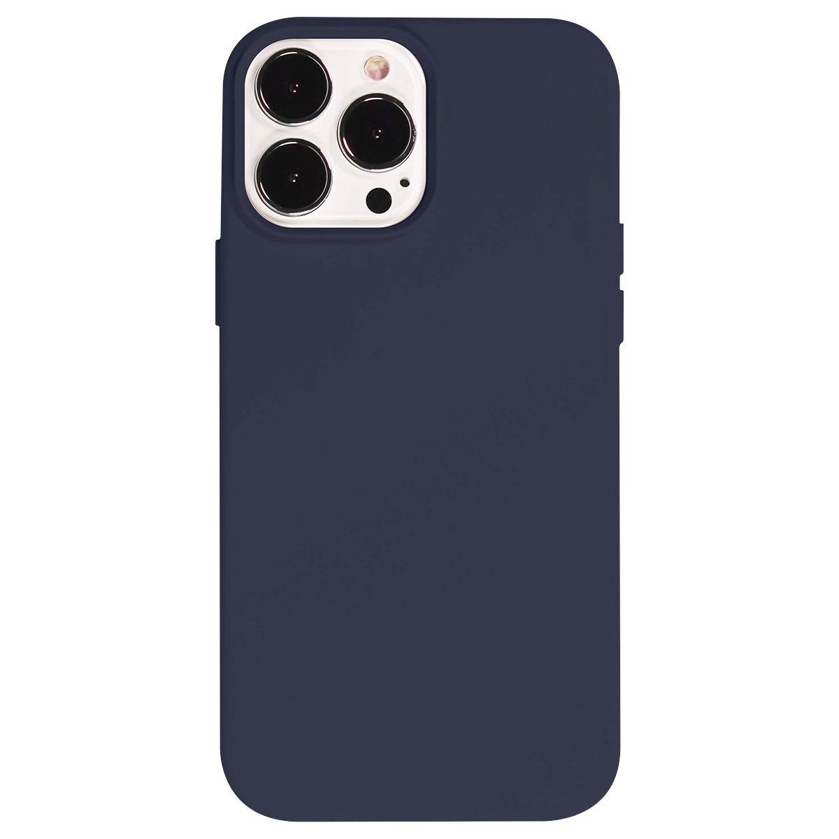 Una custodia per telefono blu navy. L'area della fotocamera presenta tre lenti nere e una piccola lente bianca. La custodia è arrotondata agli angoli.