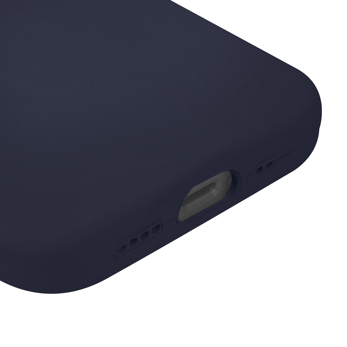 Primo piano di una custodia per telefono blu navy. La custodia ha una texture liscia e aperture per la porta di ricarica e gli altoparlanti.