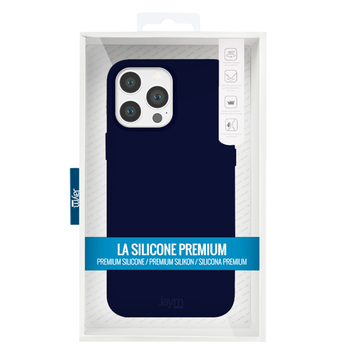 Una custodia per telefono blu navy confezionata in una scatola bianca con testo. La custodia ha un ritaglio per la fotocamera. Il testo sulla scatola include il marchio e i dettagli del prodotto.