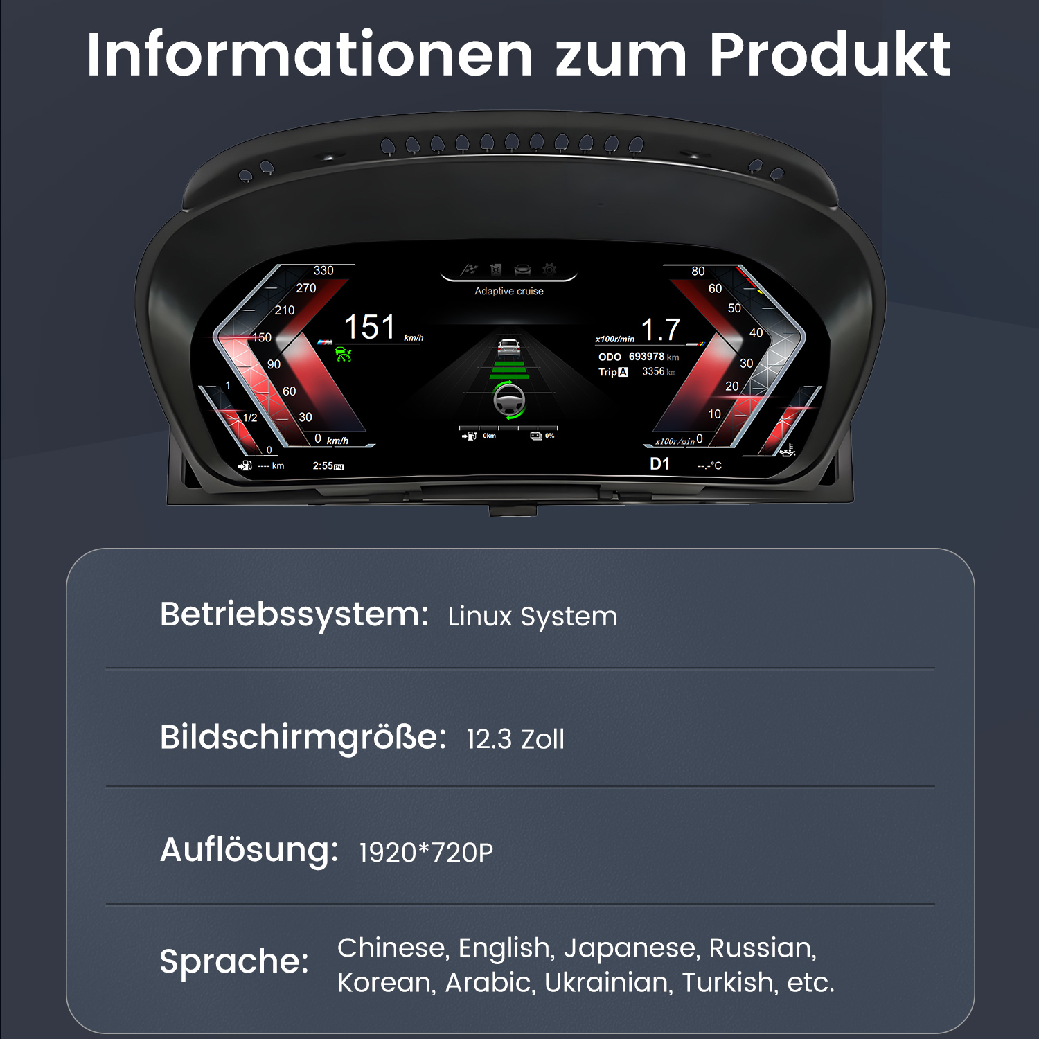 Autotafel mit Geschwindigkeit, adaptiver Cruise und anderen Fahrzeugdaten. Text darunter Details System, Bildschirmgröße, Auflösung und Sprachen.