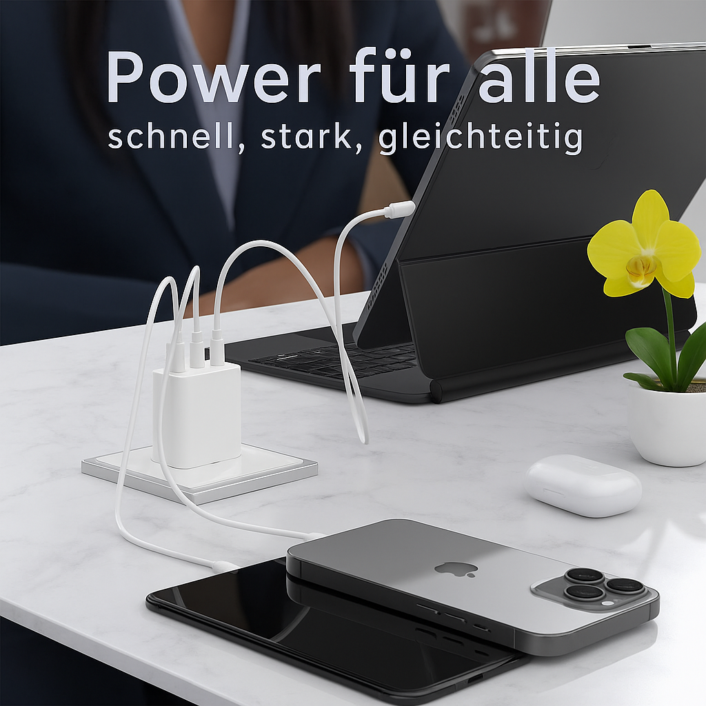 Geräte werden auf einem weißen Tisch aufgeladen. Ein Tablet, ein Telefon und Ohrhörer sind vorhanden. Ein weißes Ladegerät ist angeschlossen. Eine gelbe Orchidee ist im Hintergrund.