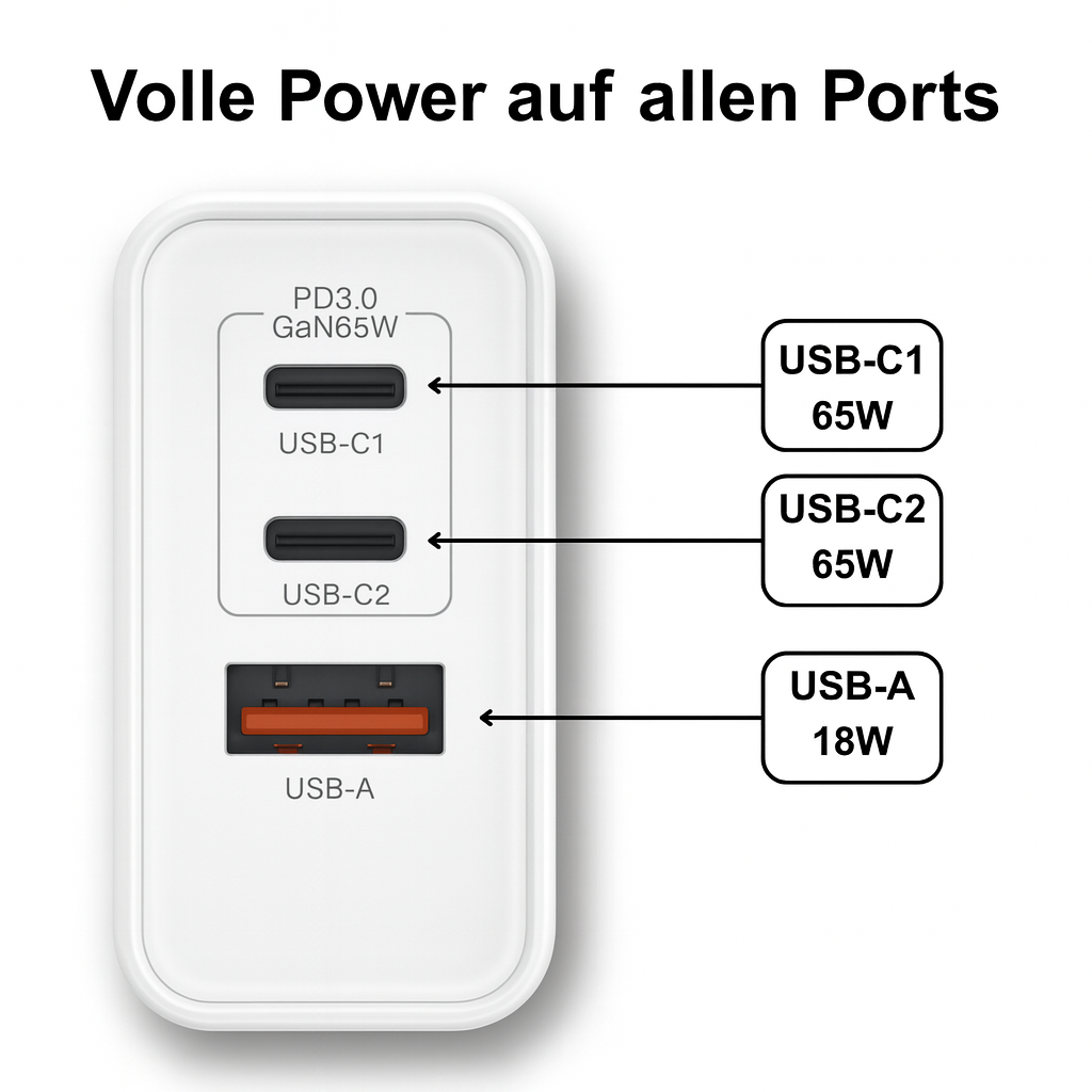 Weißes Netzteil mit drei Anschlüssen: zwei USB-C (je 65 W), ein USB-A (18 W). Text: Volle Power auf allen Ports.