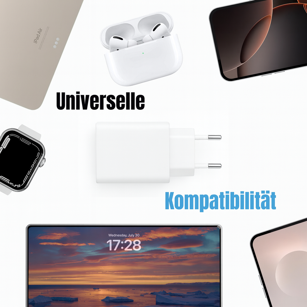 Ein iPad, AirPods, iPhone, Apple Watch und Ladegerät sind um die Wörter "Universelle" und "Kompatibilität" angeordnet.