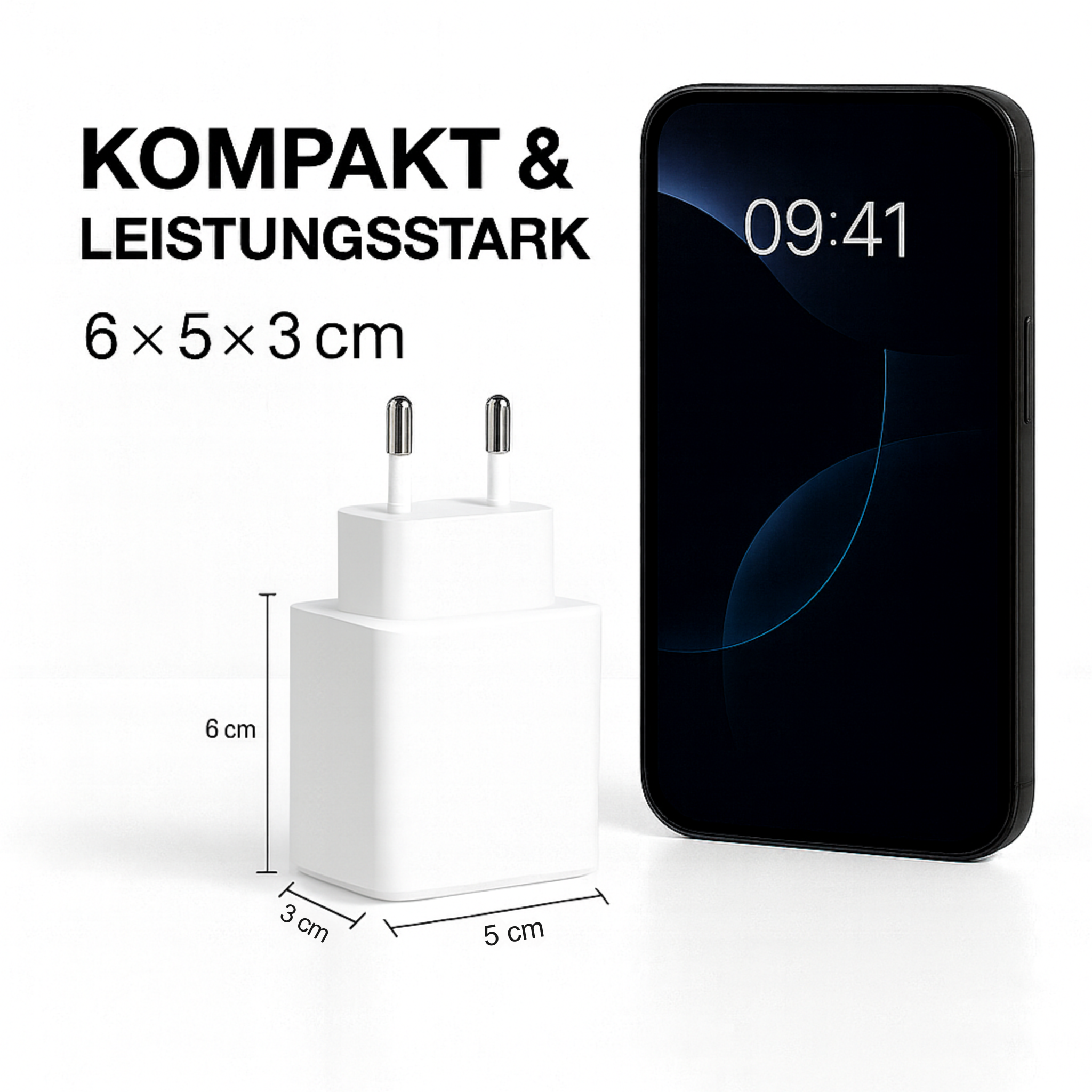 Ein weißes Ladegerät mit Maßen links. Ein Smartphone mit schwarzem Bildschirm mit 09:41 rechts.