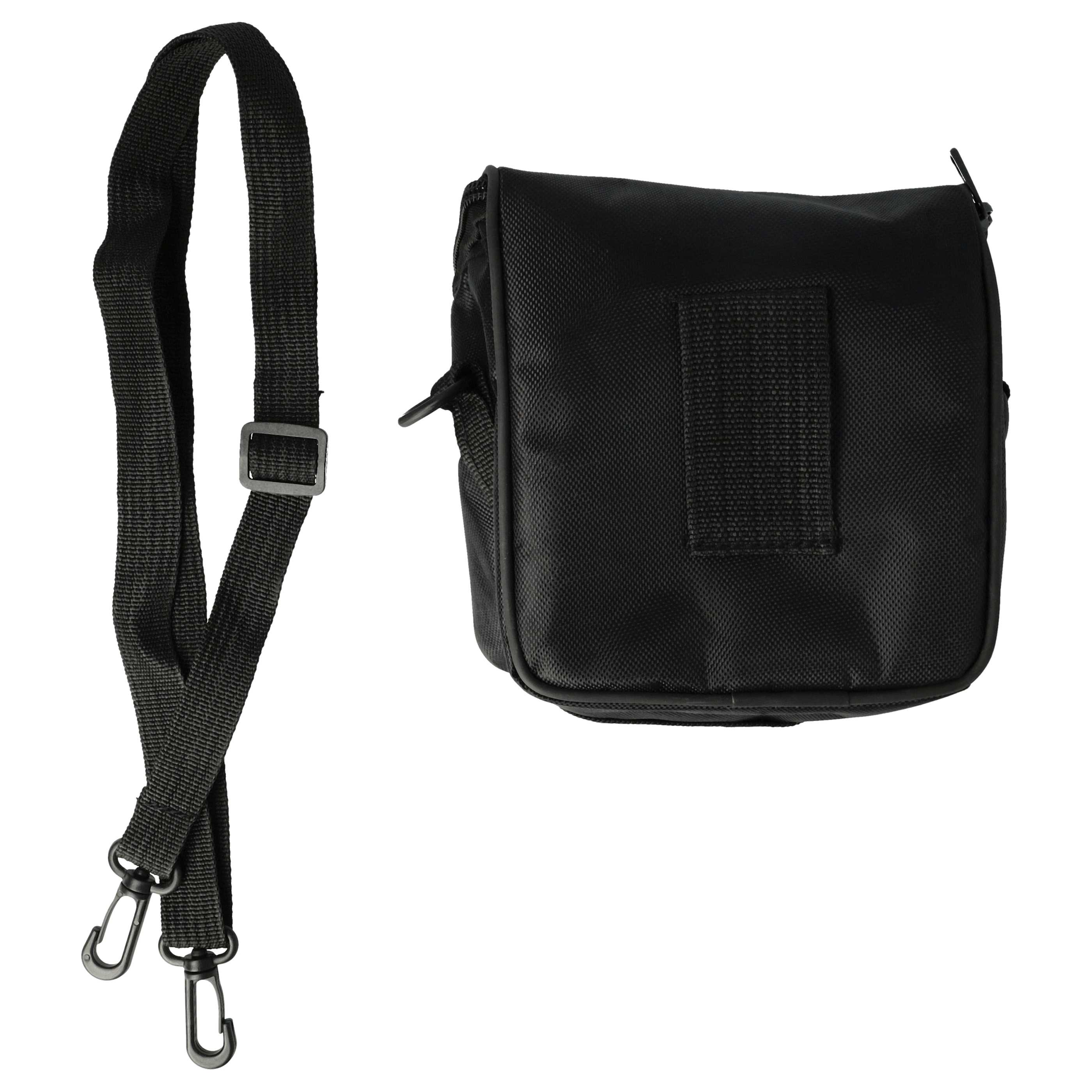 Eine schwarze Kameratasche mit Trageriemen. Die Tasche hat einen Reißverschluss und einen Gurt zum Tragen. Der Hintergrund ist weiß.
