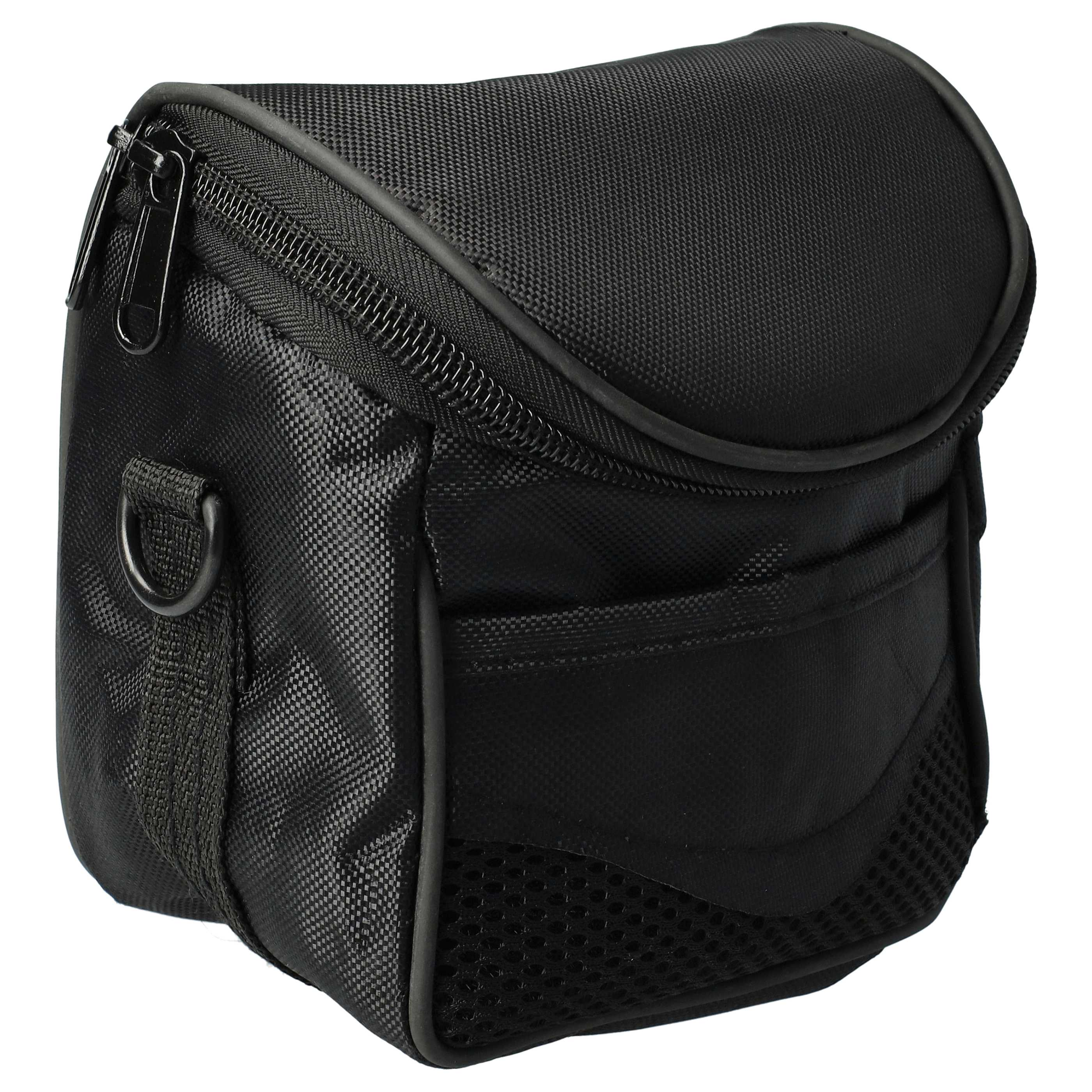 Eine schwarze Kameratasche mit Reißverschluss, Griff und Netztasche vor weißem Hintergrund.