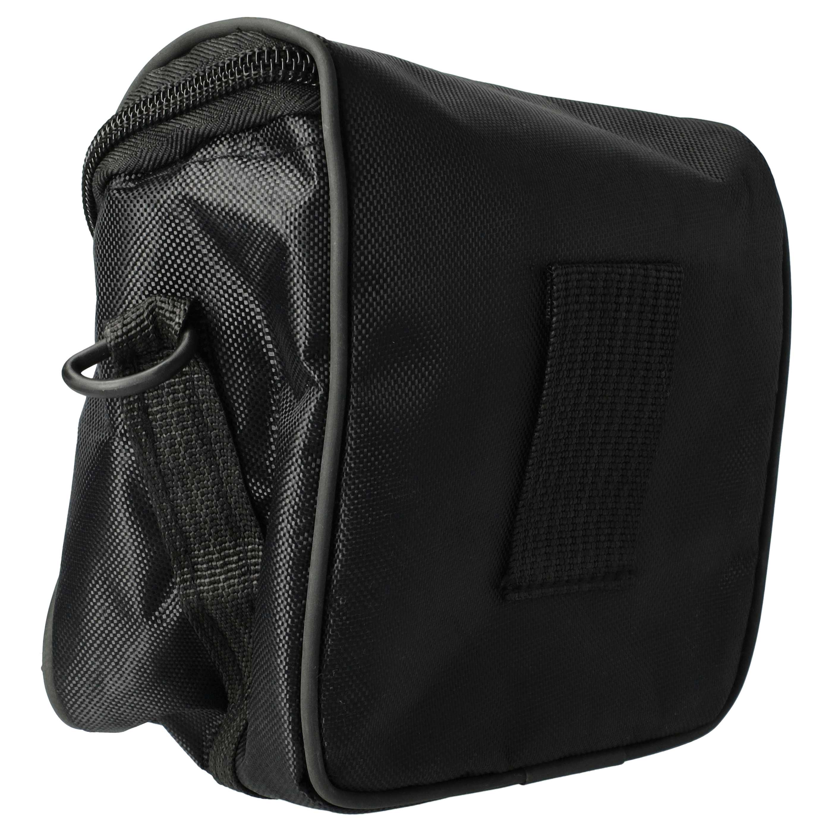 Eine schwarze, rechteckige Tasche mit Reißverschluss und D-Ring. An der Seite ist ein Riemen befestigt. Der Hintergrund ist weiß.
