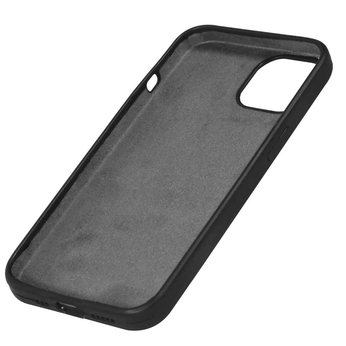 Una custodia nera per telefono, interno grigio, con ritagli per fotocamera e pulsanti, angolata su sfondo bianco.