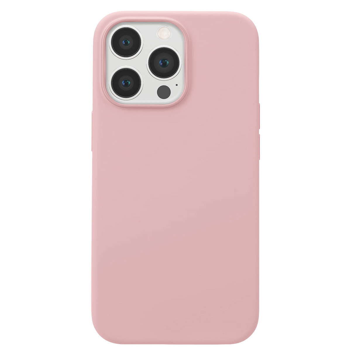 Una custodia rosa per telefono con un modulo fotocamera. Il modulo ha quattro lenti e un flash. La custodia è tinta unita e ha una consistenza liscia.