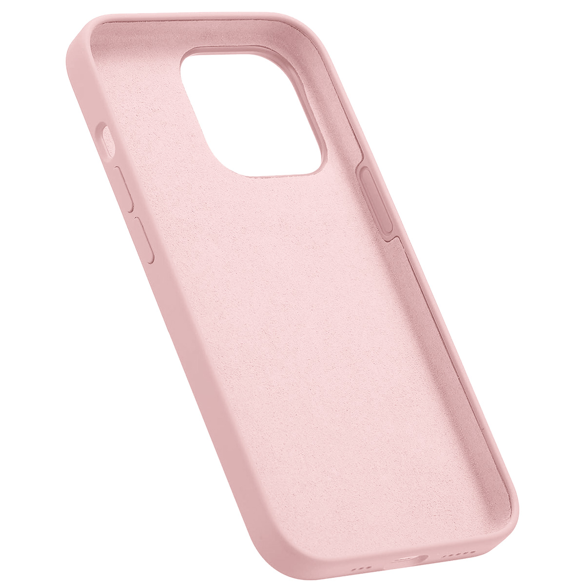 Una custodia per telefono rosa chiaro. Ha un foro per la fotocamera e ritagli per i pulsanti. La custodia è angolata, mostrando l'interno e i bordi.
