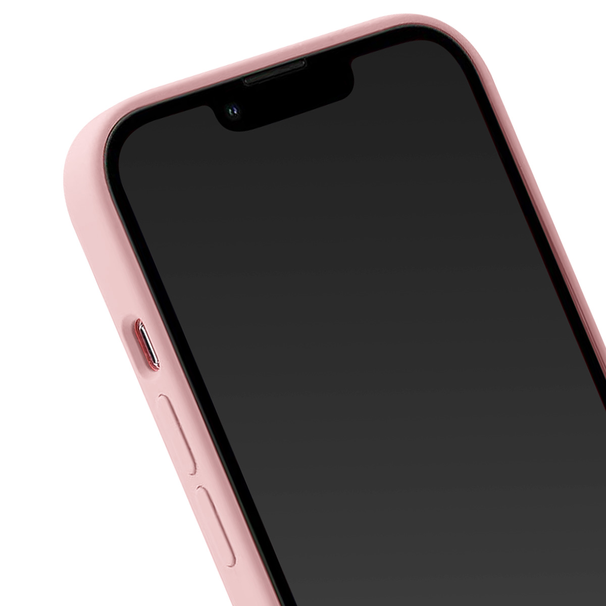Primo piano di uno smartphone rosa in una custodia. Lo schermo è nero. Pulsanti e fotocamera visibili.