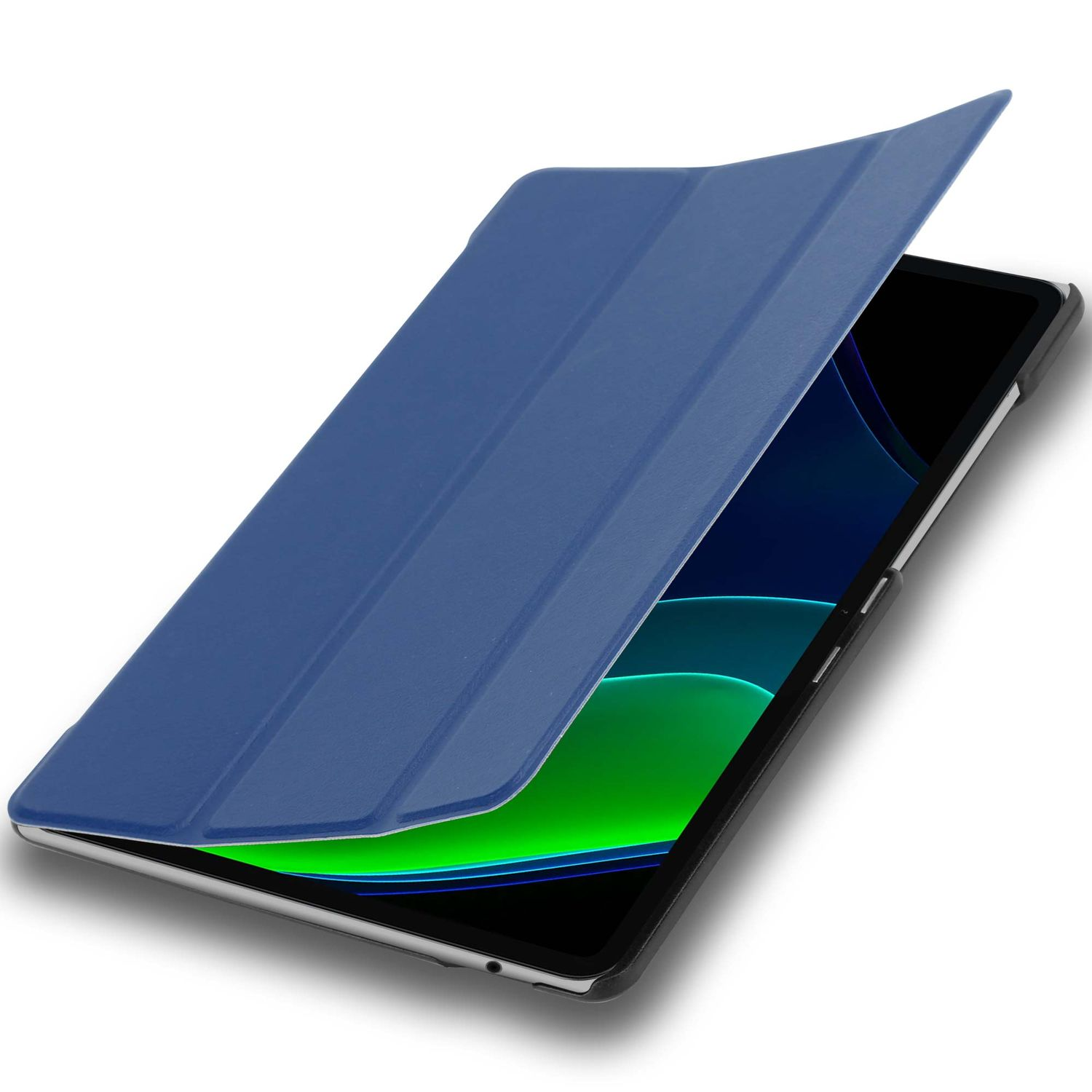 Eine blaue Tablethülle ist teilweise geöffnet und gibt den Bildschirm mit grünen und blauen Farbverläufen frei. Das Tablet hat einen schwarzen Rand.