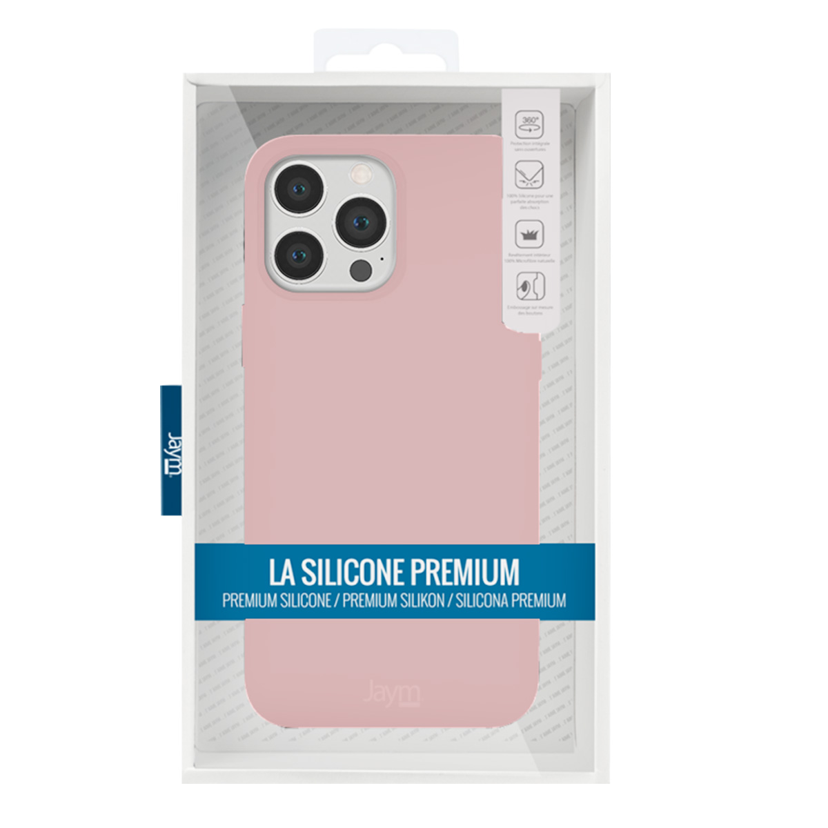 Una custodia per telefono rosa in una scatola di plastica trasparente. Testo: LA SILICONE PREMIUM. Marchio: Jaym. La custodia ha ritagli per la fotocamera.