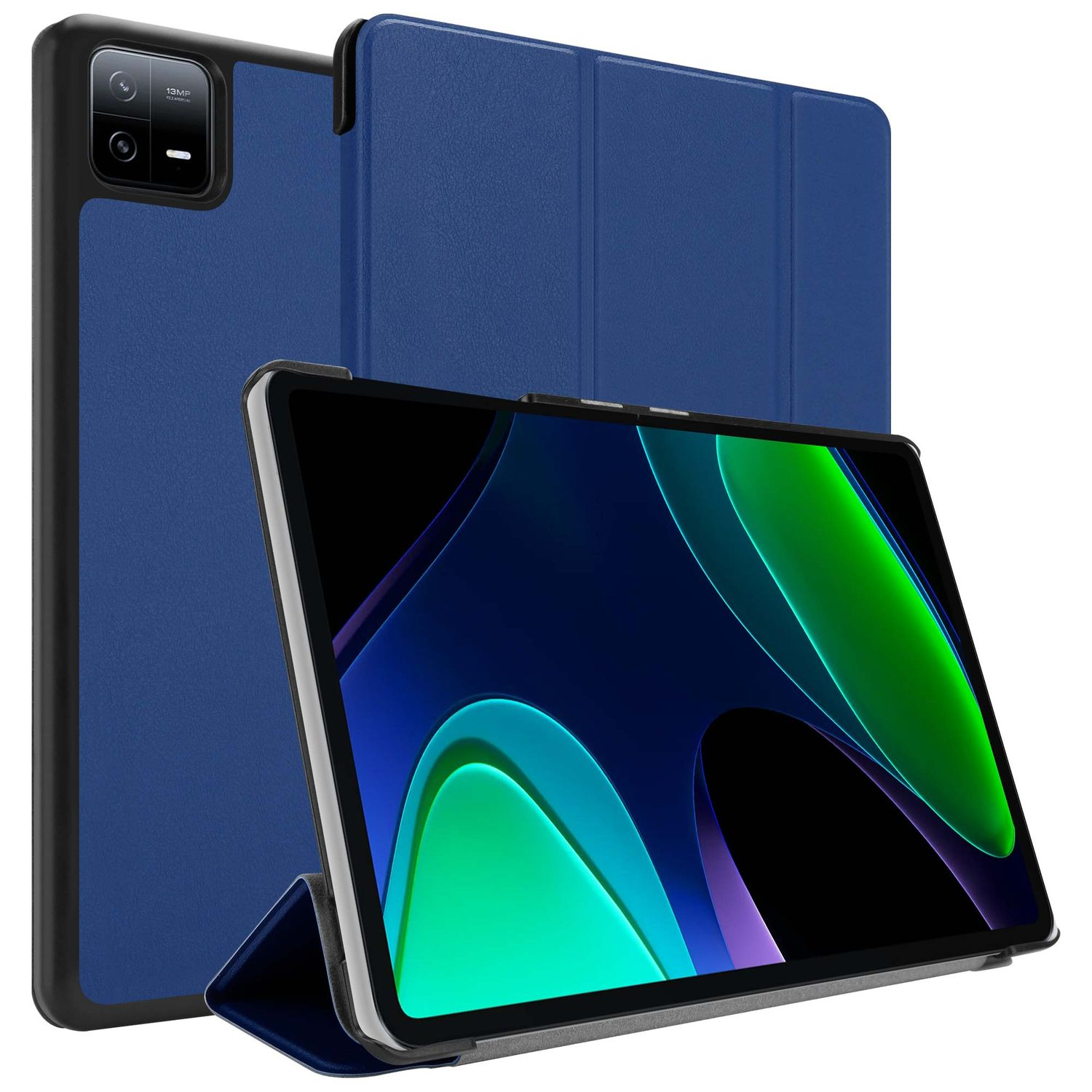 Tablet mit blauem Gehäuse. Der Bildschirm zeigt grüne und blaue abstrakte Formen. Das Gehäuse ist offen und zeigt das Tablet.